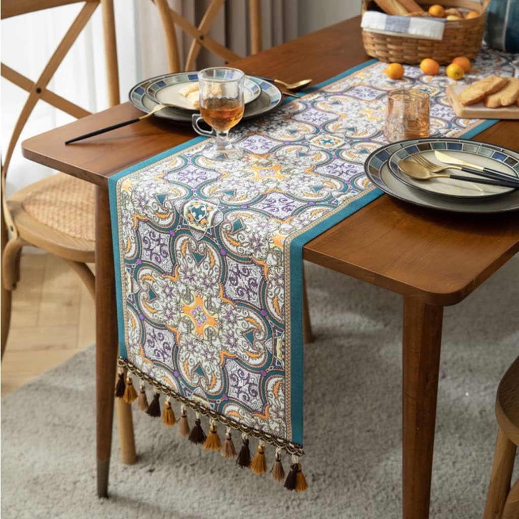 Luksusowe, kolorowe obrusy w stylu vintage, żakardowe obrusy haftowane z frędzlami, eleganckie obrusy dekoracyjne. 35*260cm