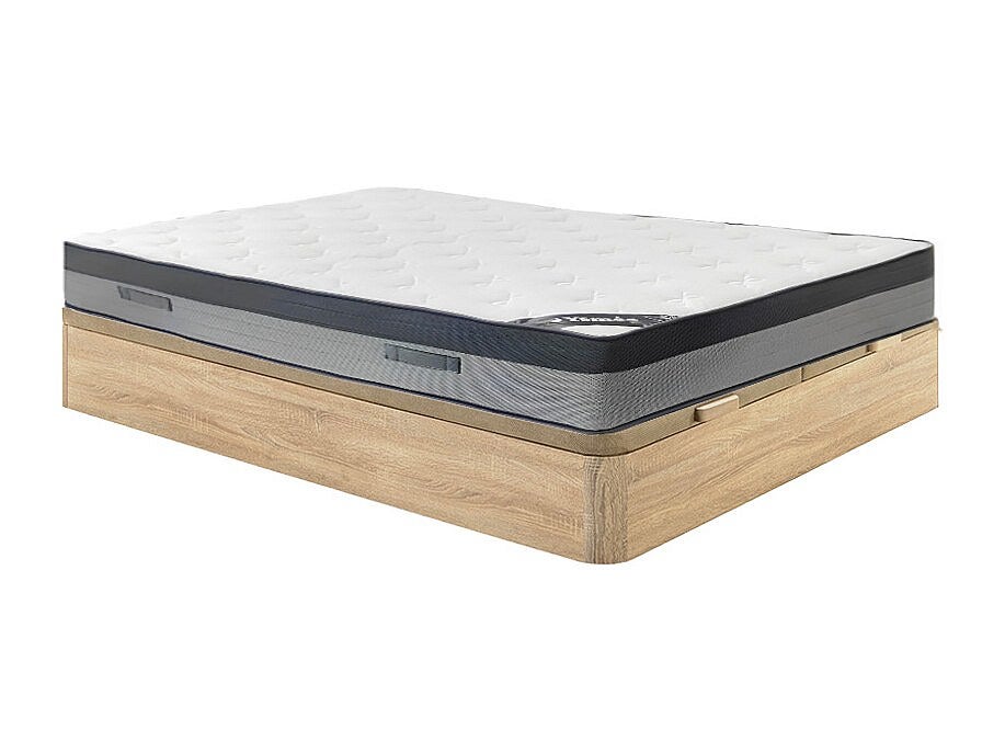 Zestaw 180 x 200 cm: stelaż ze skrzynią w jasnym naturalnym kolorze + materac hybrydowy z 7-strefowymi sprężynami kieszeniowymi i pianką memory o