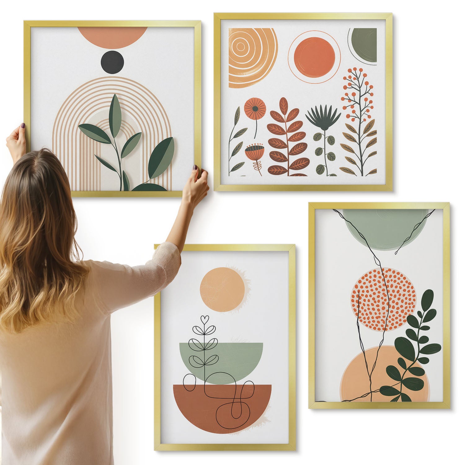 Galeria ścienna 4-częściowy komplet obrazów w złotych ramach - Abstrakcyjne kształty z roślinnymi motywami kolorowymi - ArtPrintCave