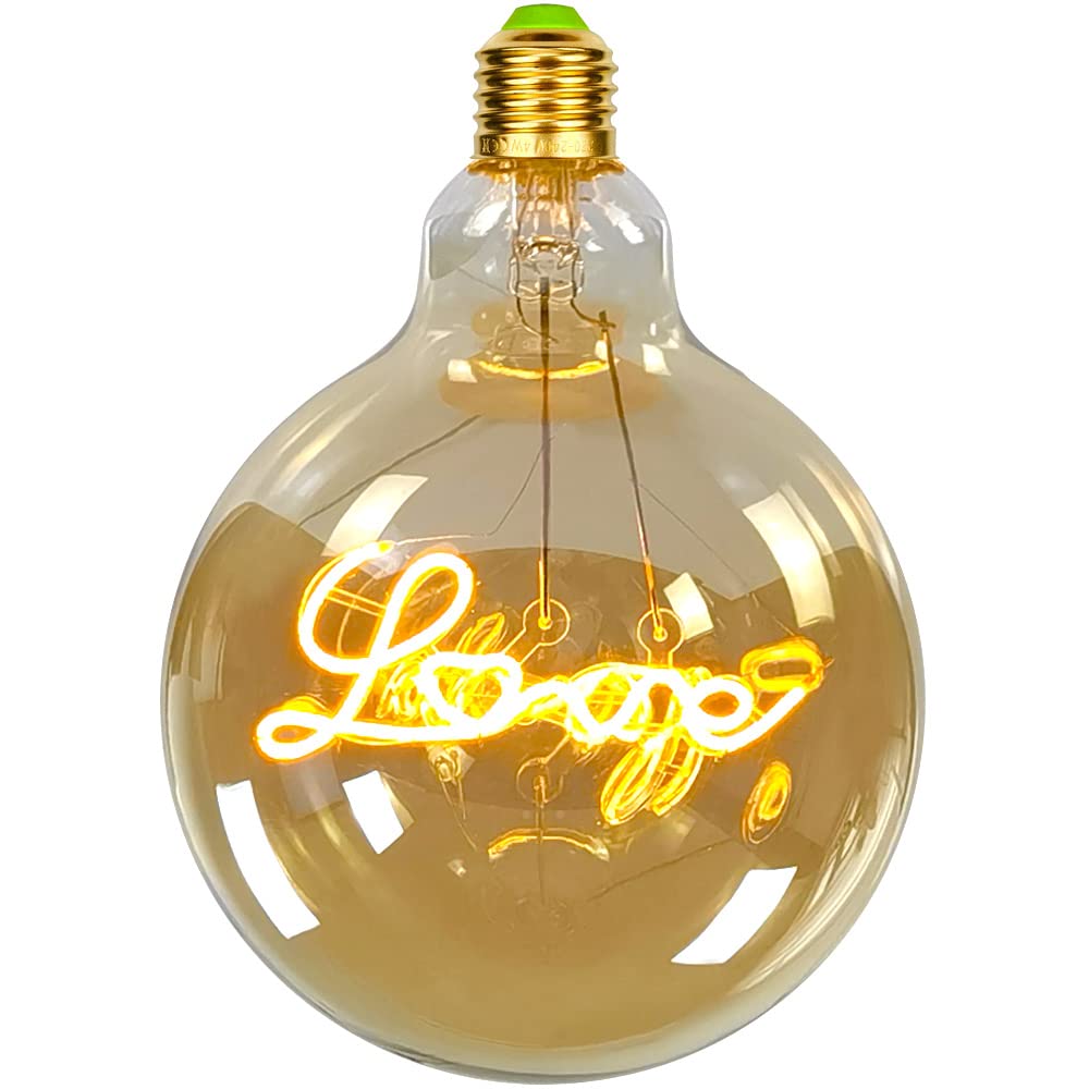 Żarówka LED w kształcie kuli retro, duży model, trzonek G125, 4 W, wzór literowy, specjalna żarówka dekoracyjna, ciepła żółć, wzór serca