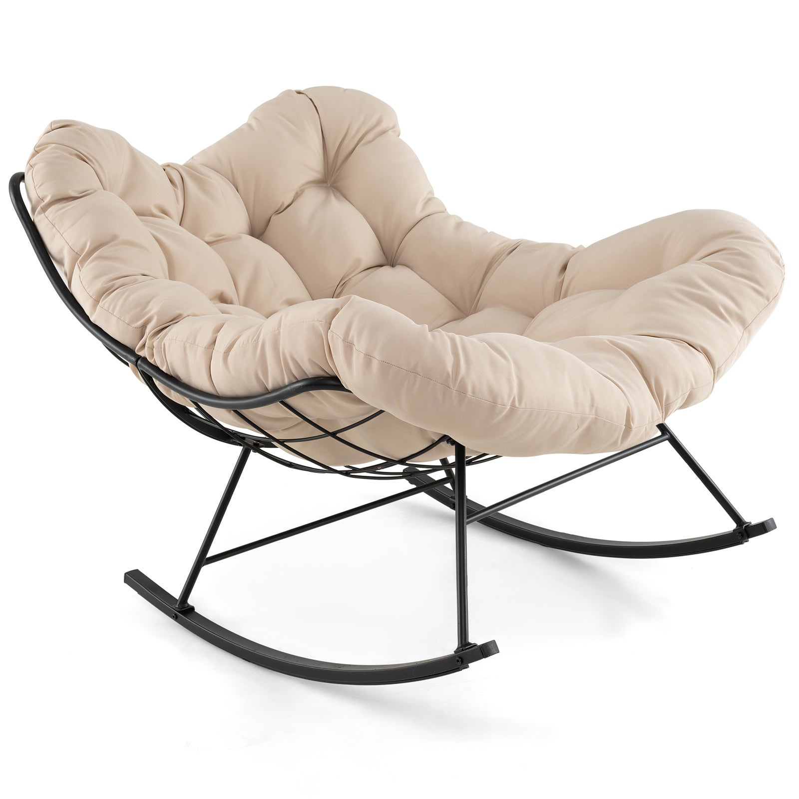 Fotel bujany z wyściełaną poduszką, fotel Papasan, fotel jajeczny o dużych rozmiarach, metalowa rama, do salonu, patio, nośność 205 kg, beżowy