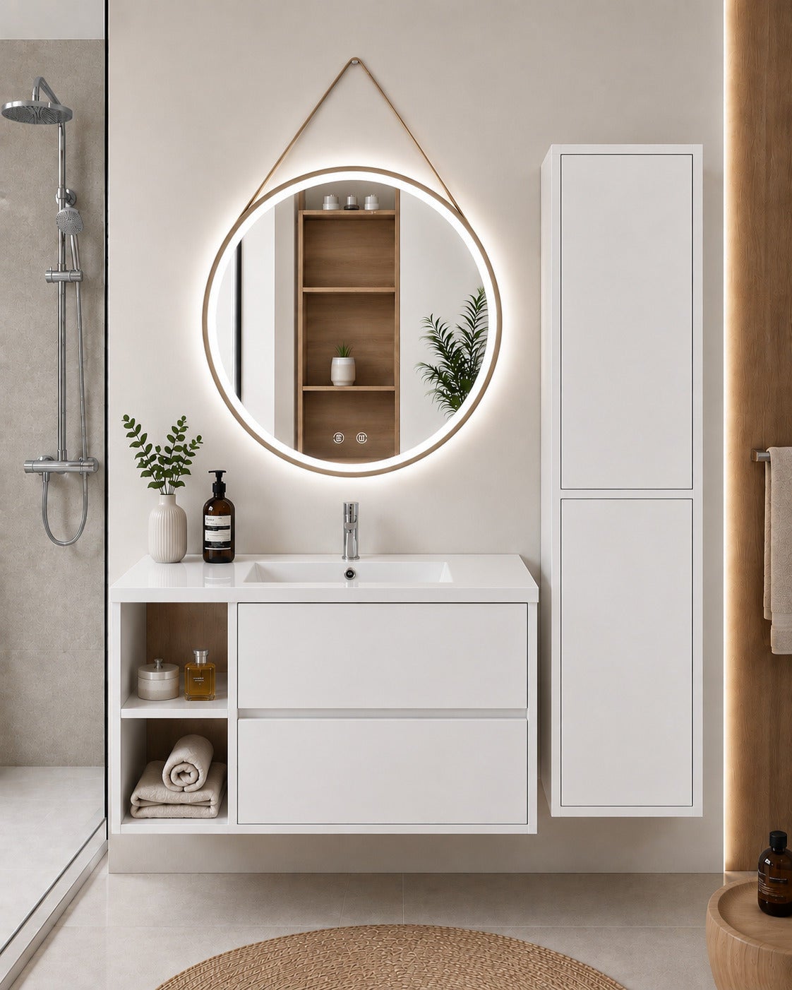 Szafka łazienkowa z umywalką ORIGENBATH ZEUS bez lustra 70x40 cm Lewa strona biały z kolumną