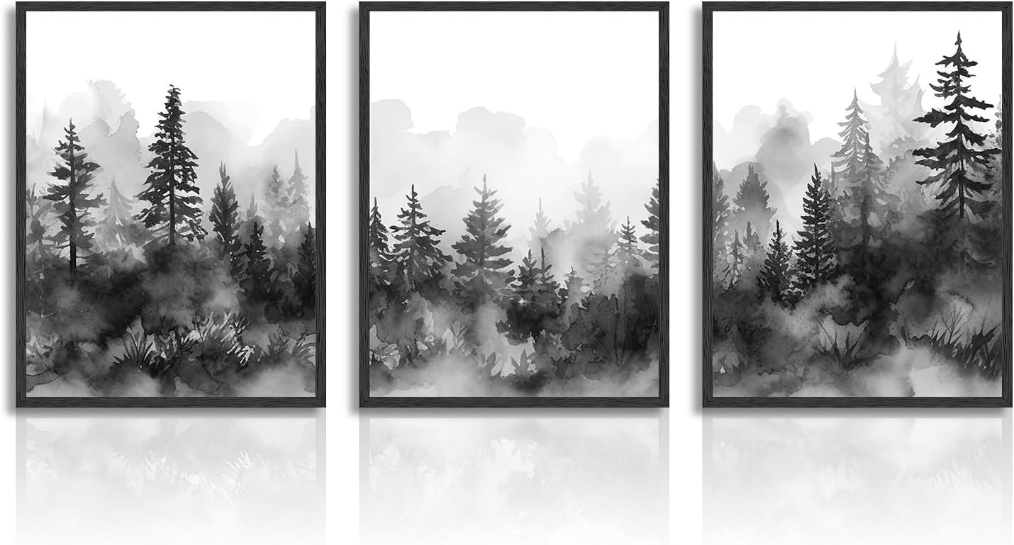 Plakat dekoracyjny na ścianę: Góra, Mglisty las, Krajobraz, Czarno-biały las, Sypialnia, Salon, 12x16 cali, Bez ramki, Zestaw 3 sztuk