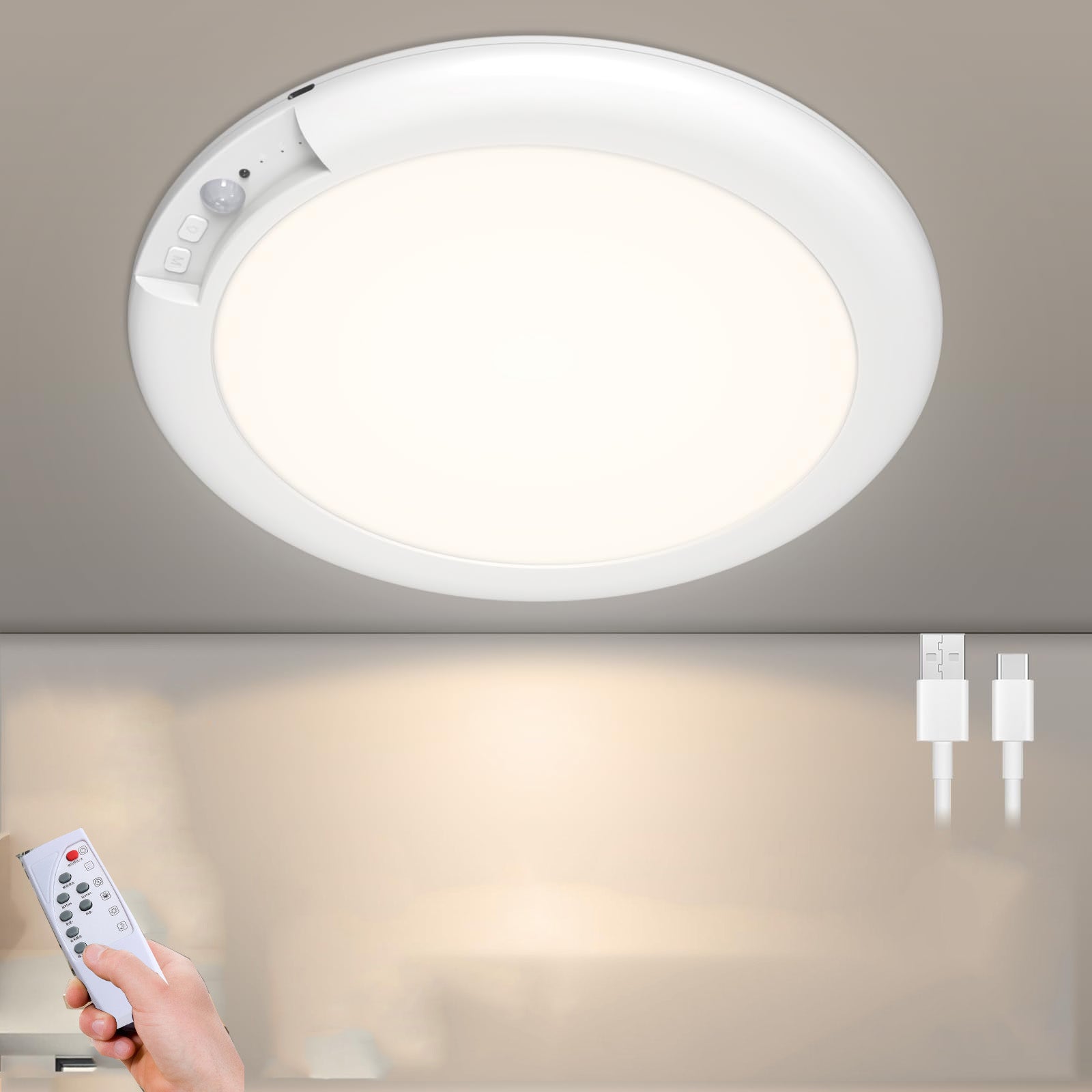 Bezprzewodowa lampa sufitowa z pilotem, białe światło 6500K, lampa sufitowa z czujnikiem ruchu, ładowalna magnetyczna lampa sufitowa