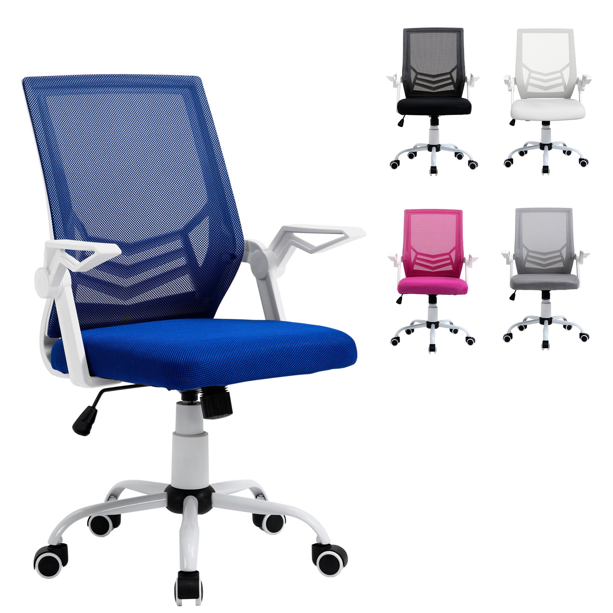 Ergonomiczny fotel biurowy, obrotowy fotel biurowy z regulowaną wysokością i składanymi podłokietnikami, 62,5 x 55 x 94-104 cm, niebieski