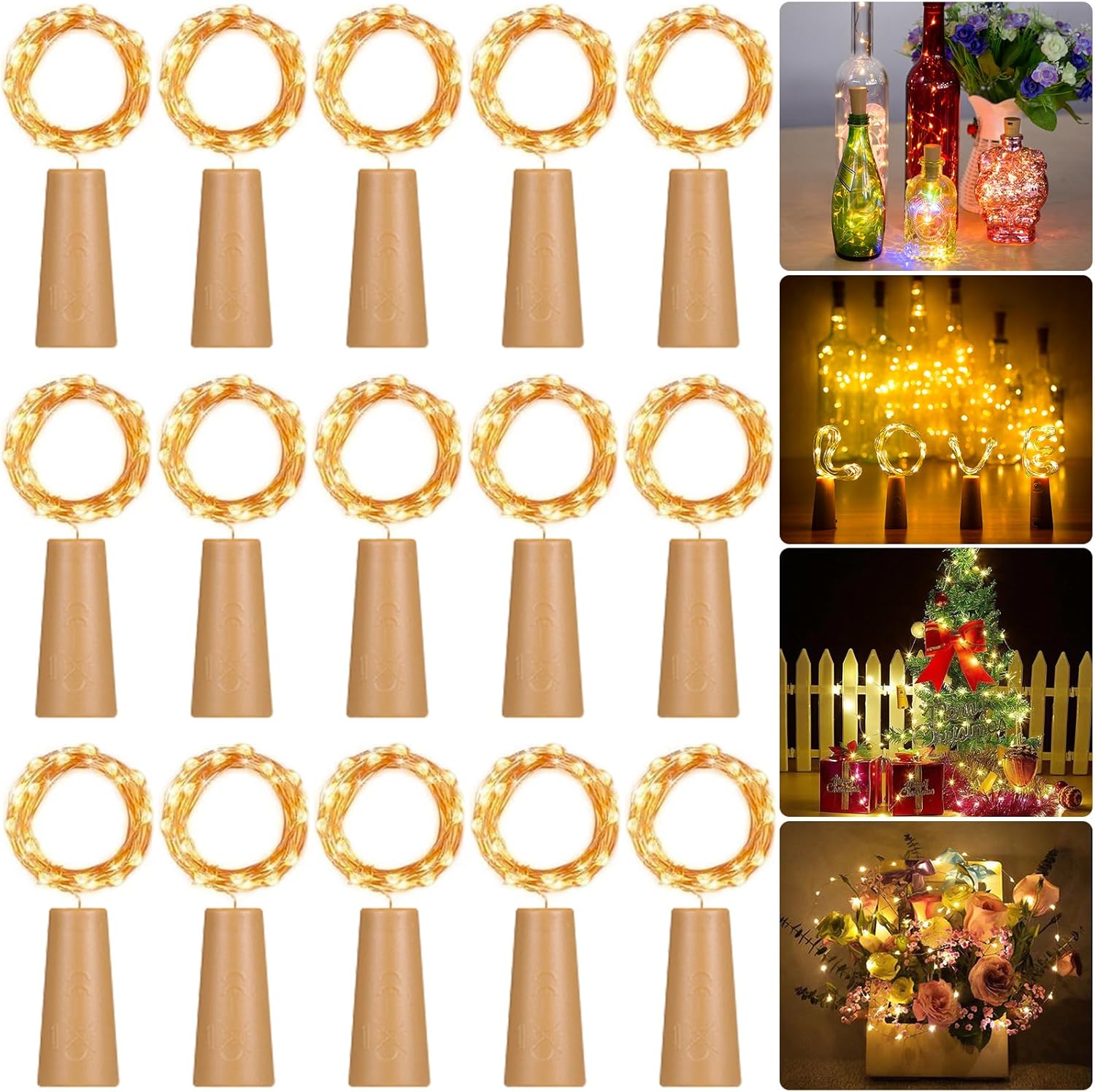 15 sztuk LED Lampki do butelek, girlanda, 2M 20 diod LED, Korkowe Lampki na Ślub, Imprezę, DIY, Boże Narodzenie, Ciepła Biel