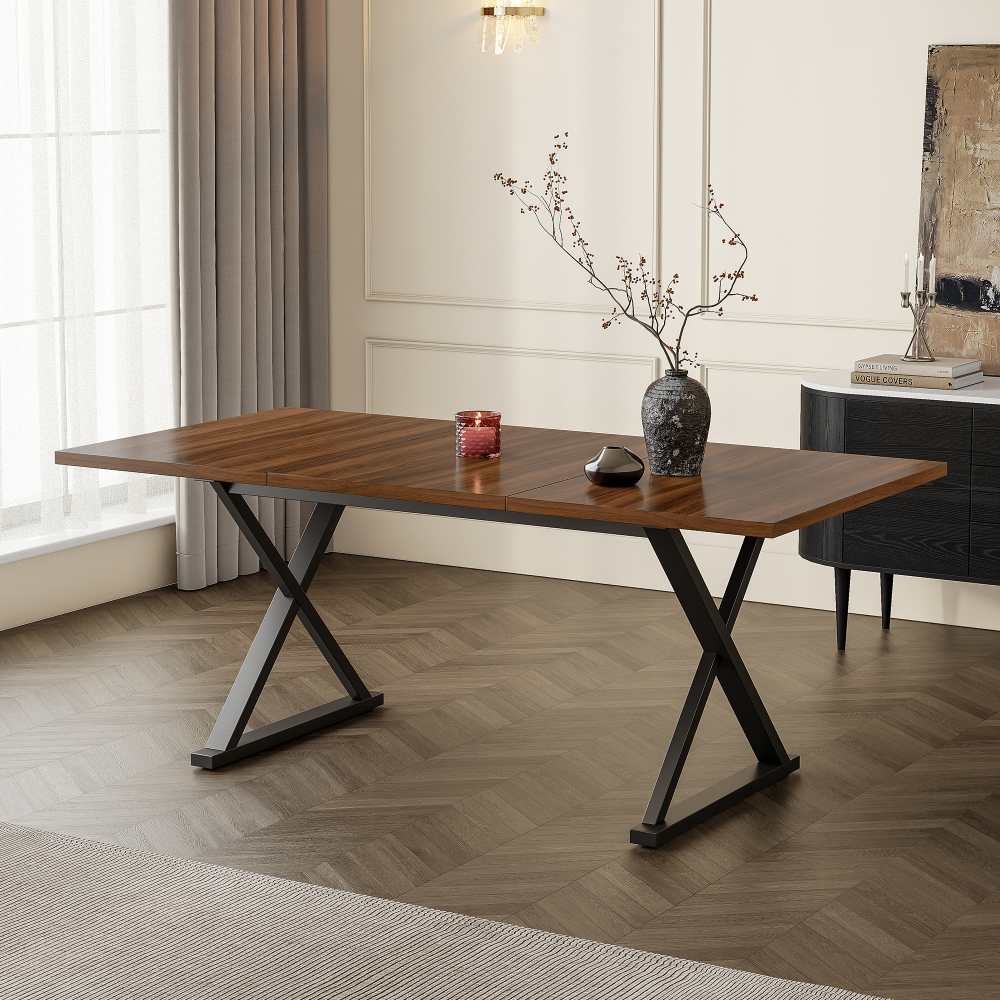 Stół jadalny 180×90×75 cm – 6-8 miejsc, metalowe nogi w kształcie litery X, nowoczesny design – czarny orzech, stabilny i trwały