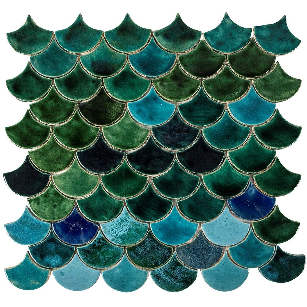 Płytki w kształcie rybiej łuski w kolorze zielono-niebieskim – "Lake in the Valley" – 0,3 m²/opak., 49 płytek 10,2×9 cm – łazienka, kuchnia,