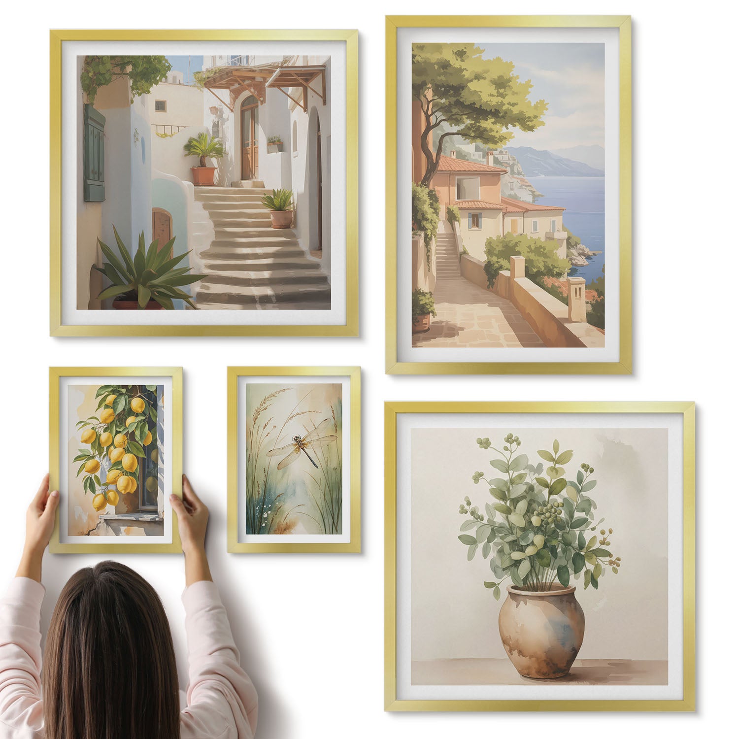 Galeria ścienna 5-częściowy komplet obrazów w złotych ramach - Stylowe widoki na nadmorskie miasteczka i roślinność - ArtPrintCave
