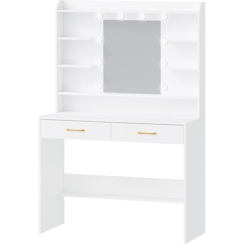 Toaletka z Lustrem i Oświetleniem LED, Regulowana Jasność, Toaletka z Półkami i 2 Szufladami, do Sypialni, Salonu, 40 x100 x 149 cm, Biała