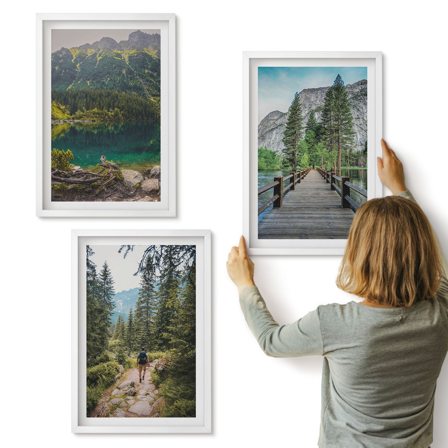 Galeria ścienna 3-częściowy komplet obrazów w białych ramach - Góry jeziora lasy i ścieżki w naturze - ArtPrintCave