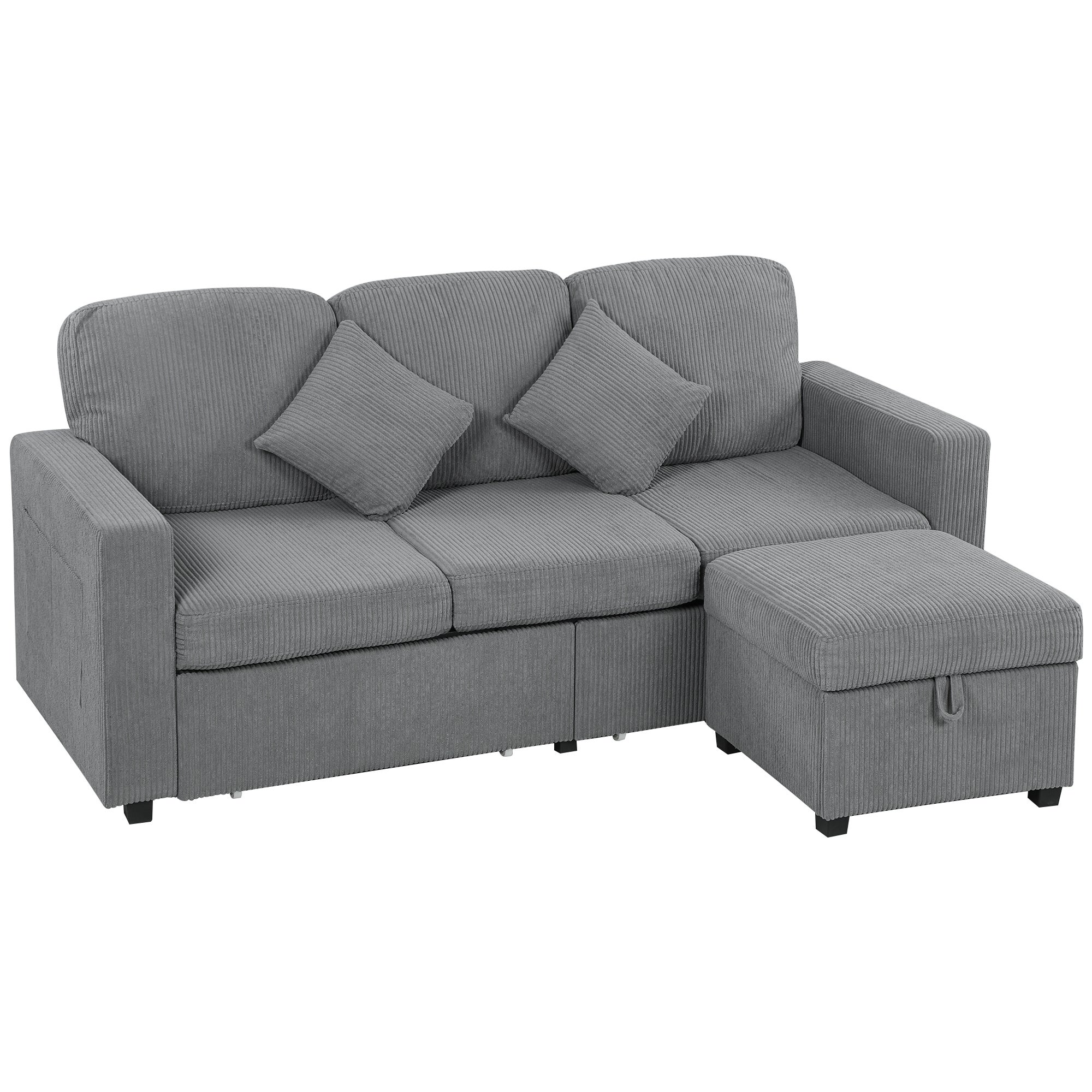 Modułowa sofa 3-osobowa z pufem ze schowkiem, w kolorze sztruksowym, 196 x 139 x 85 cm, jasnoszary