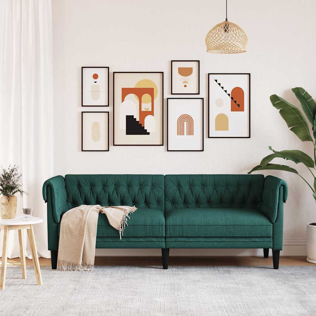 Sofa Chesterfield, trzyosobowa, ciemnozielona, obita tkaniną