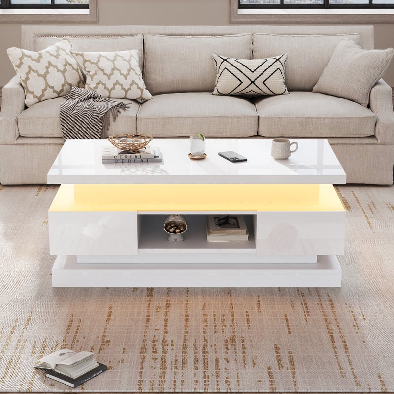 Stolik kawowy podnoszony 100x50x40 cm - z 2 szufladami - oświetlenie LED - Wykończenie lakierowane błyszczące - Płyta wiórowa - Biały