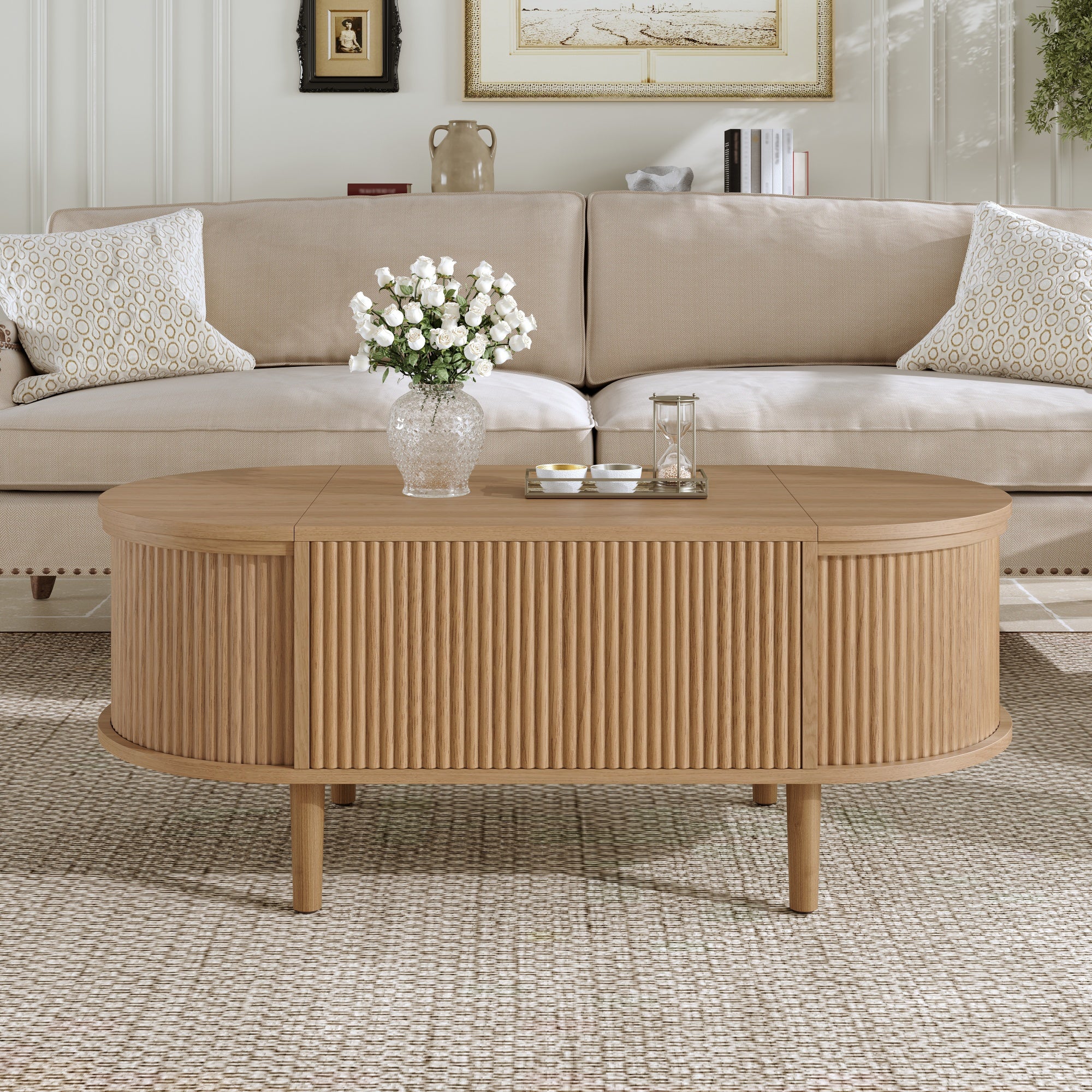 Owalny stolik kawowy z podnoszonym blatem 100x48x53,5 cm - Styl vintage - Stolik ze schowkiem - MDF - Naturalny