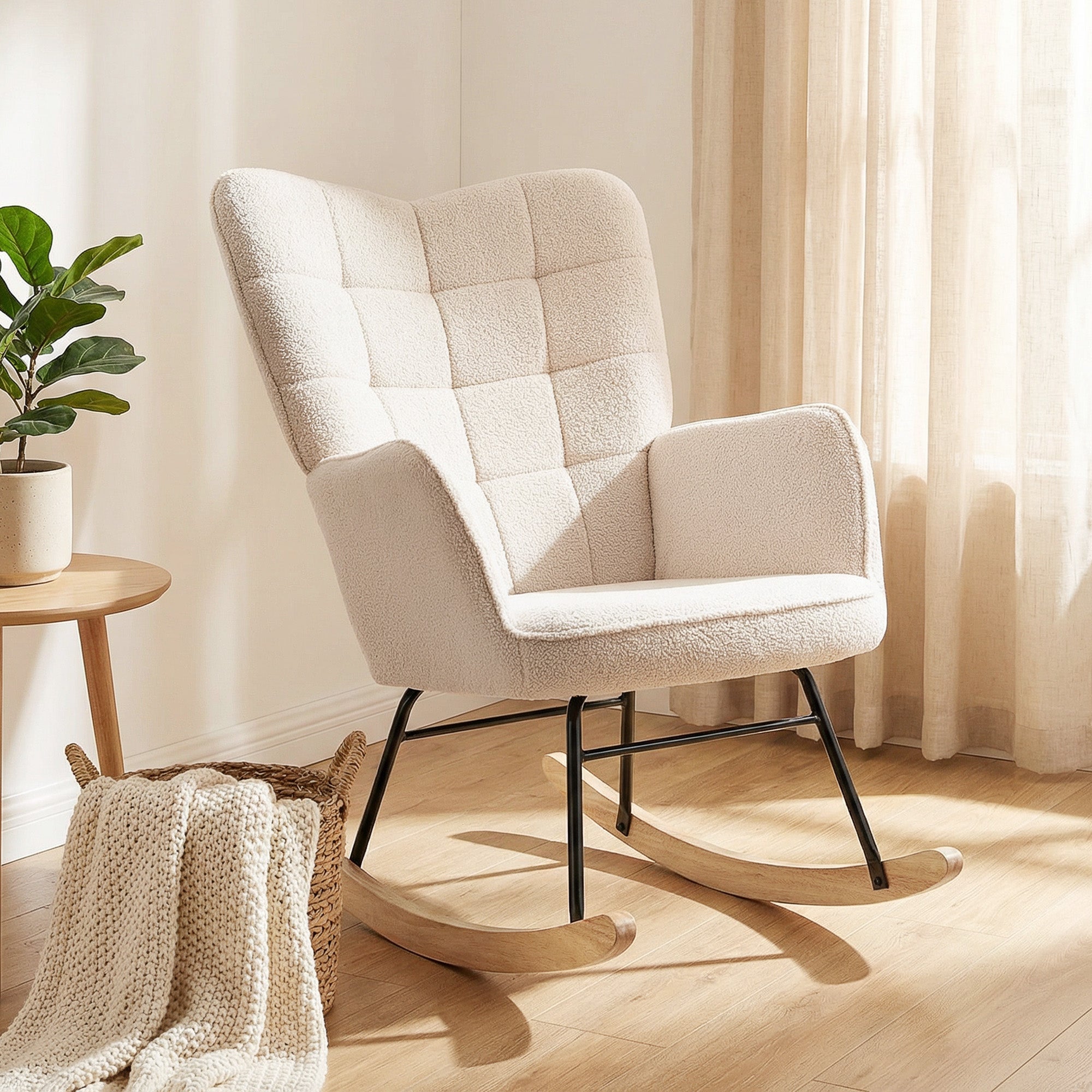 Fotel bujany w stylu retro, lite drewno, fotel, rozkładany, 98 cm x 71 cm x 101 cm, beżowy
