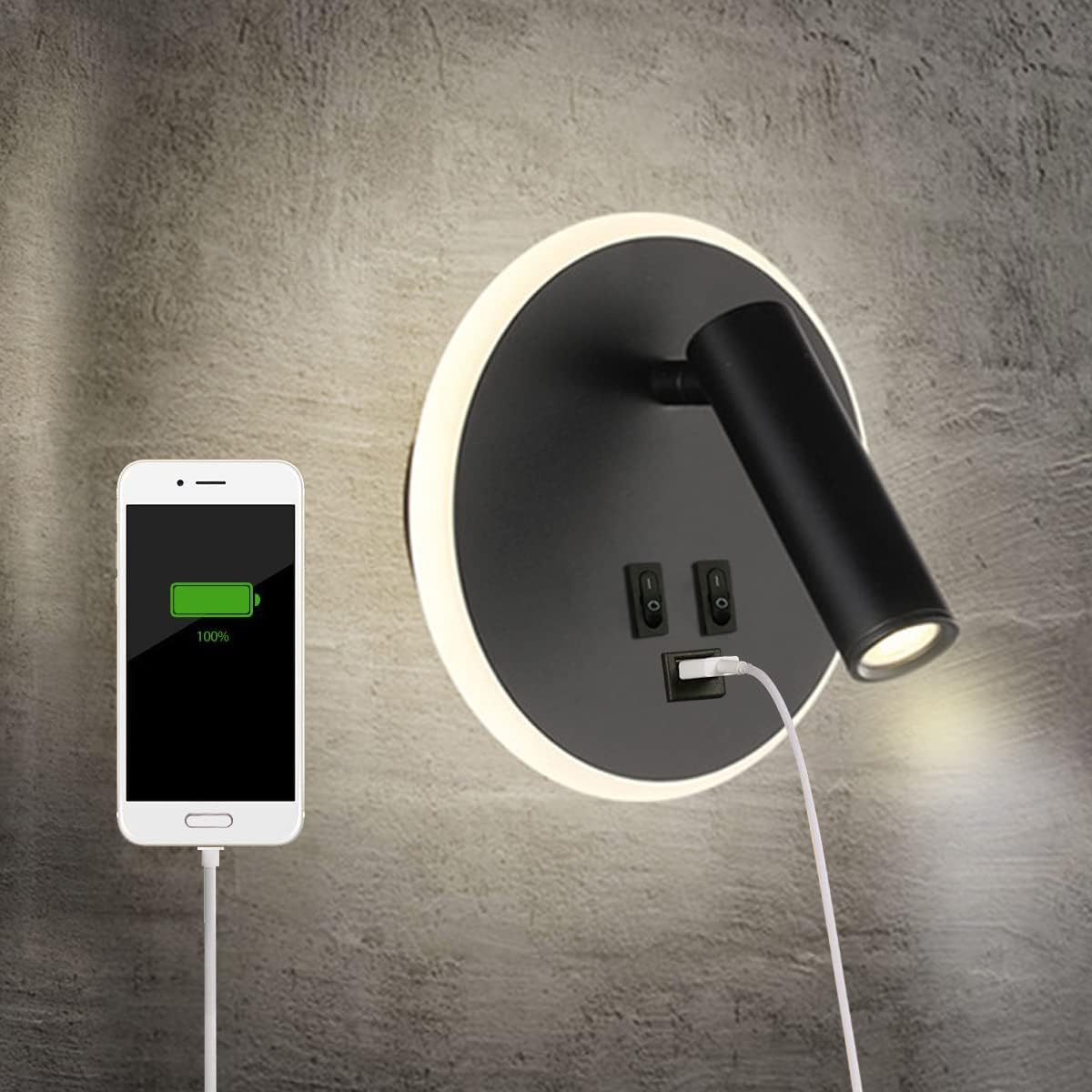 Lampka nocna LED z portem ładowania USB, kinkiet wewnętrzny, z włącznikiem, czarna, 3 W + 8 W (USB okrągłe)