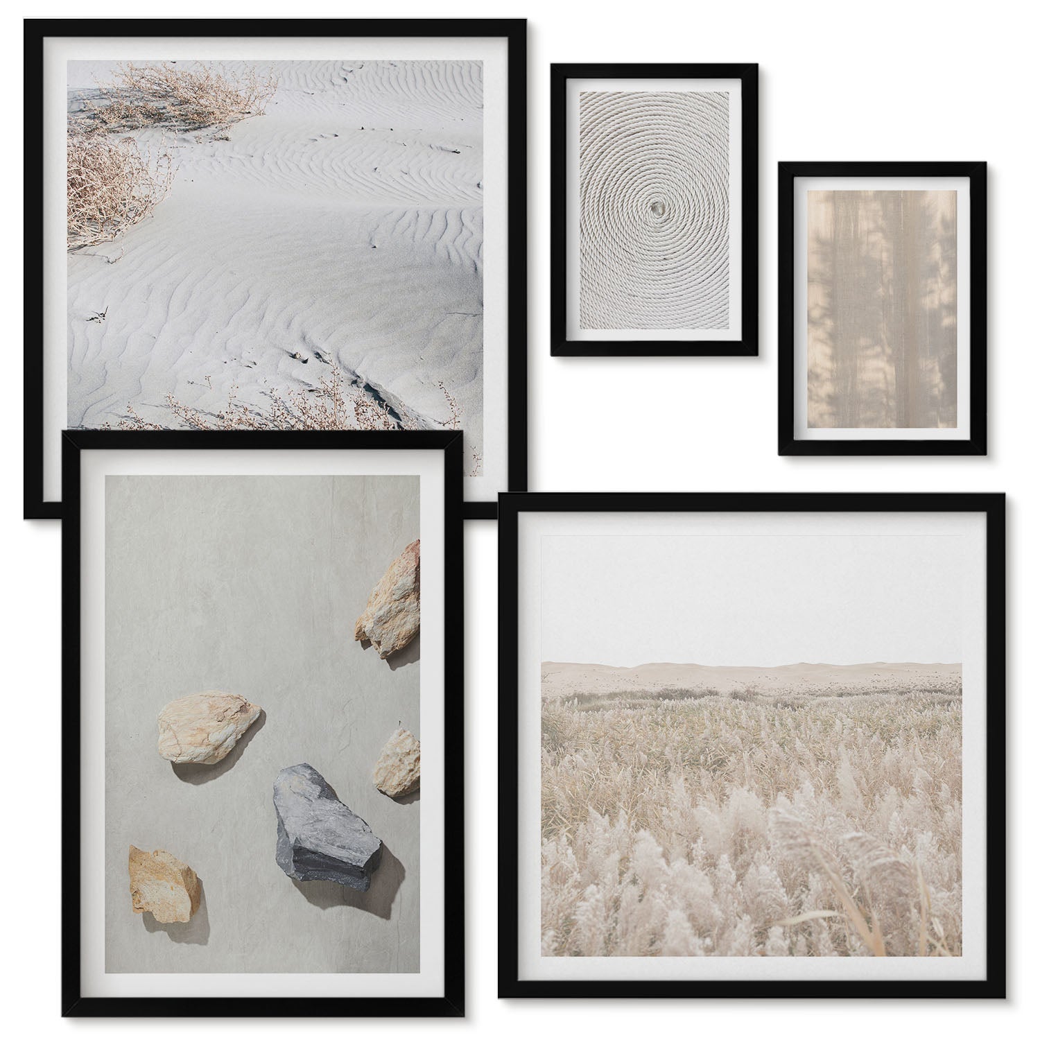 Zestaw obrazów w ramie - 5 części | Boho tekstury naturalne struktury | Czarna ramka