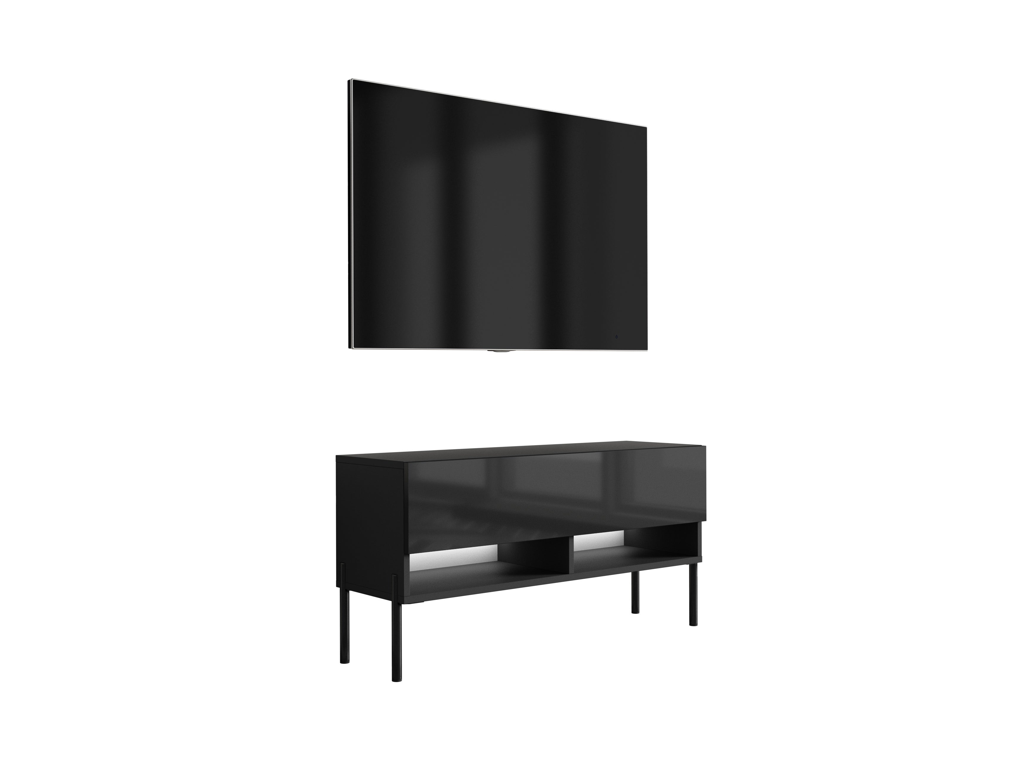 Szafka pod telewizor 100 cm Czarny Mat / Czarny Połysk, nóżki proste czarne, LED biały, 100 × 32 × 52 cm