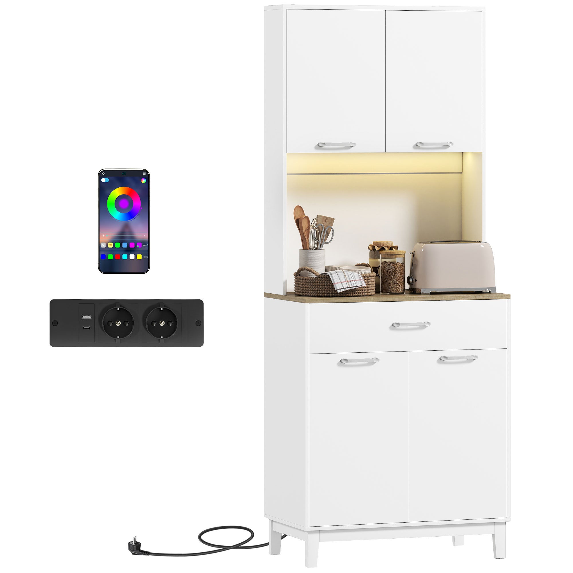 Nowoczesna komoda z oświetleniem LED, gniazdkami elektrycznymi i portami USB, 2 szafkami i szufladą, 71x40x180 cm, kolor biały