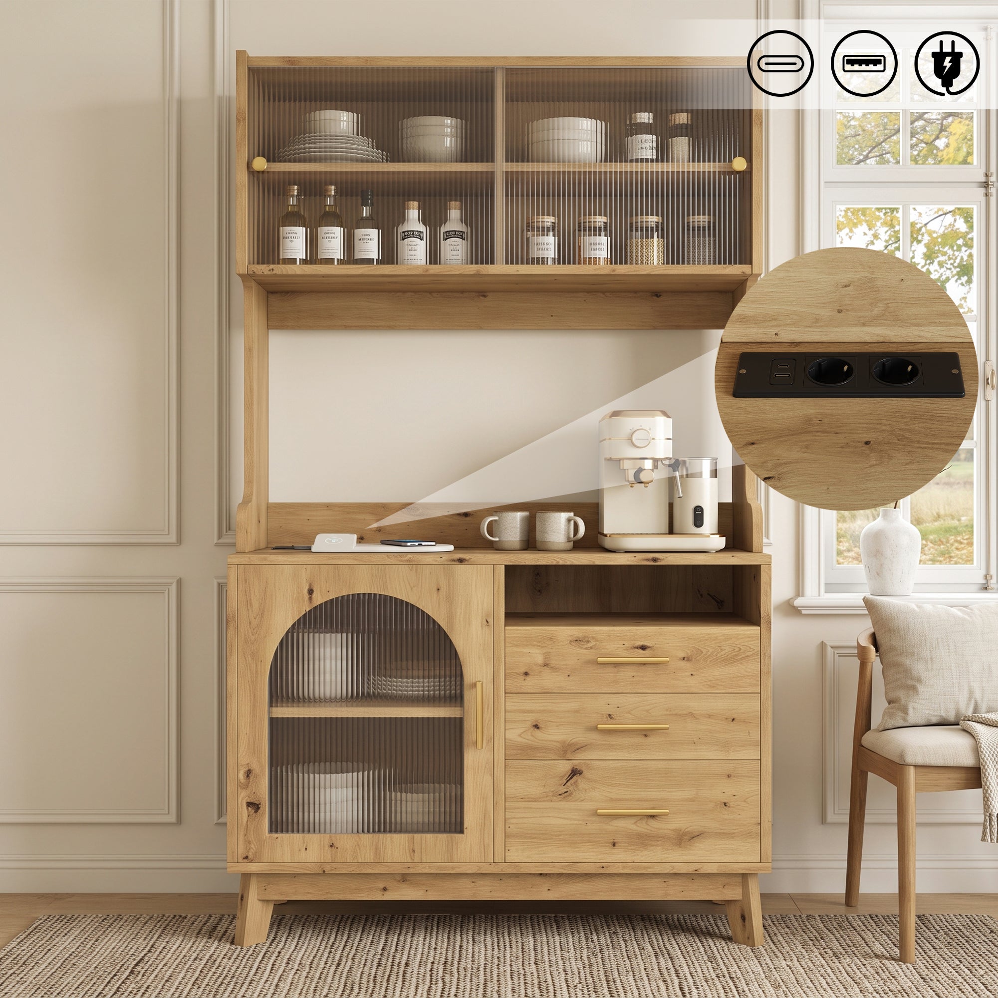 Komoda - szafka 100,5 x 40 x 178 cm - 3 drzwi i 3 szuflady - Przechowywanie na wielu poziomach - Gniazdko elektryczne i port USB - Naturalny