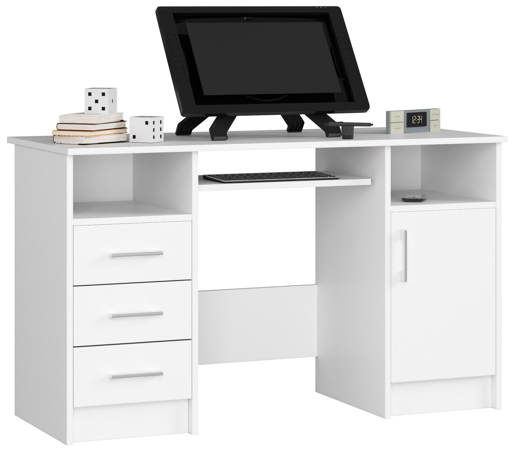 Biurko AKORD ANA Białe 124 cm biurko komputerowe 1 drzwi 3 szuflady kolor Biały mat 5 półek 124x52x74 cm