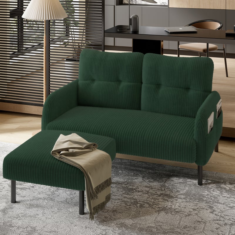 Sofa 2-Osobowa ze Sztruksu z Kieszeniami Bocznymi i Metalowymi Nóżkami do Salonu Biura