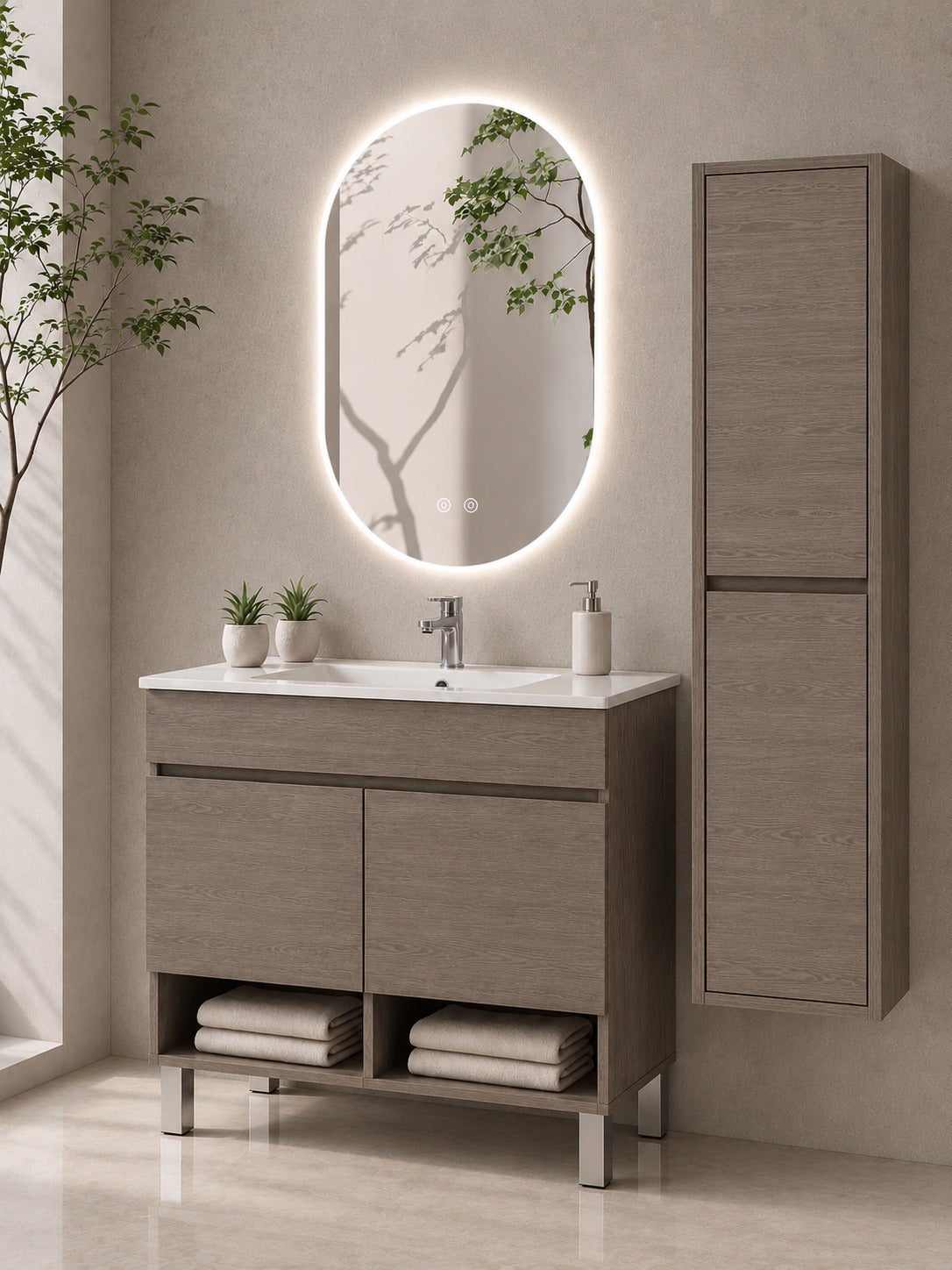 Szafka łazienkowa na nóżkach z umywalką ORIGENBATH NEBARI na nóżkach z drzwiami z kolumną 100x40 cm dąb smoky z kolumną