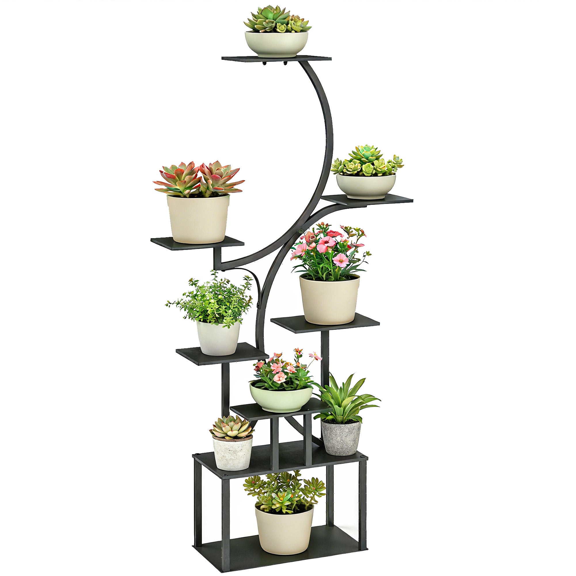 8-poziomowy stojak na rośliny w kształcie litery S do użytku wewnątrz i na zewnątrz, wykonany z metalu, 74 x 26 x 158,5 cm, w kolorze czarnym.