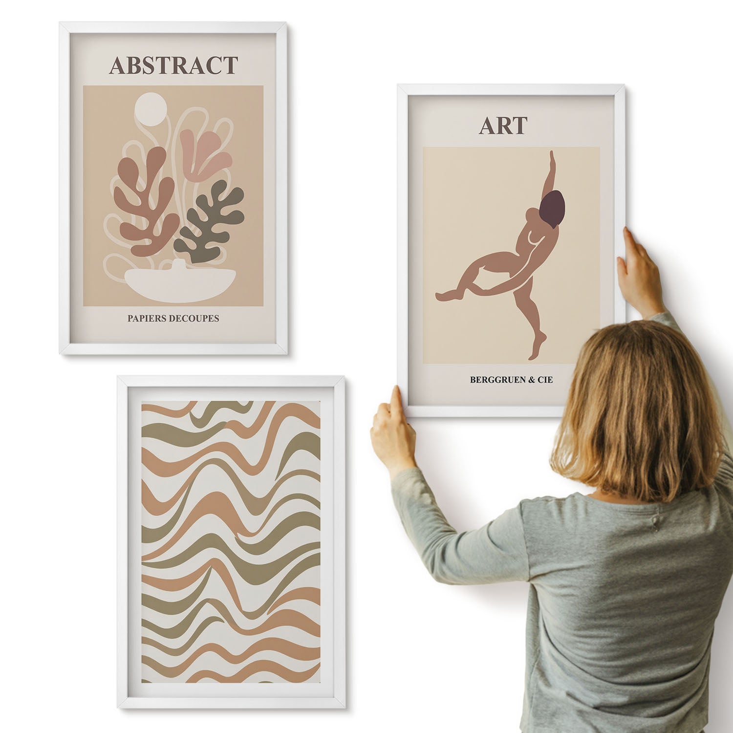 Galeria ścienna 3-częściowy komplet obrazów w białych ramach - Abstrakcyjne kształty i wzory Matisse boho - ArtPrintCave