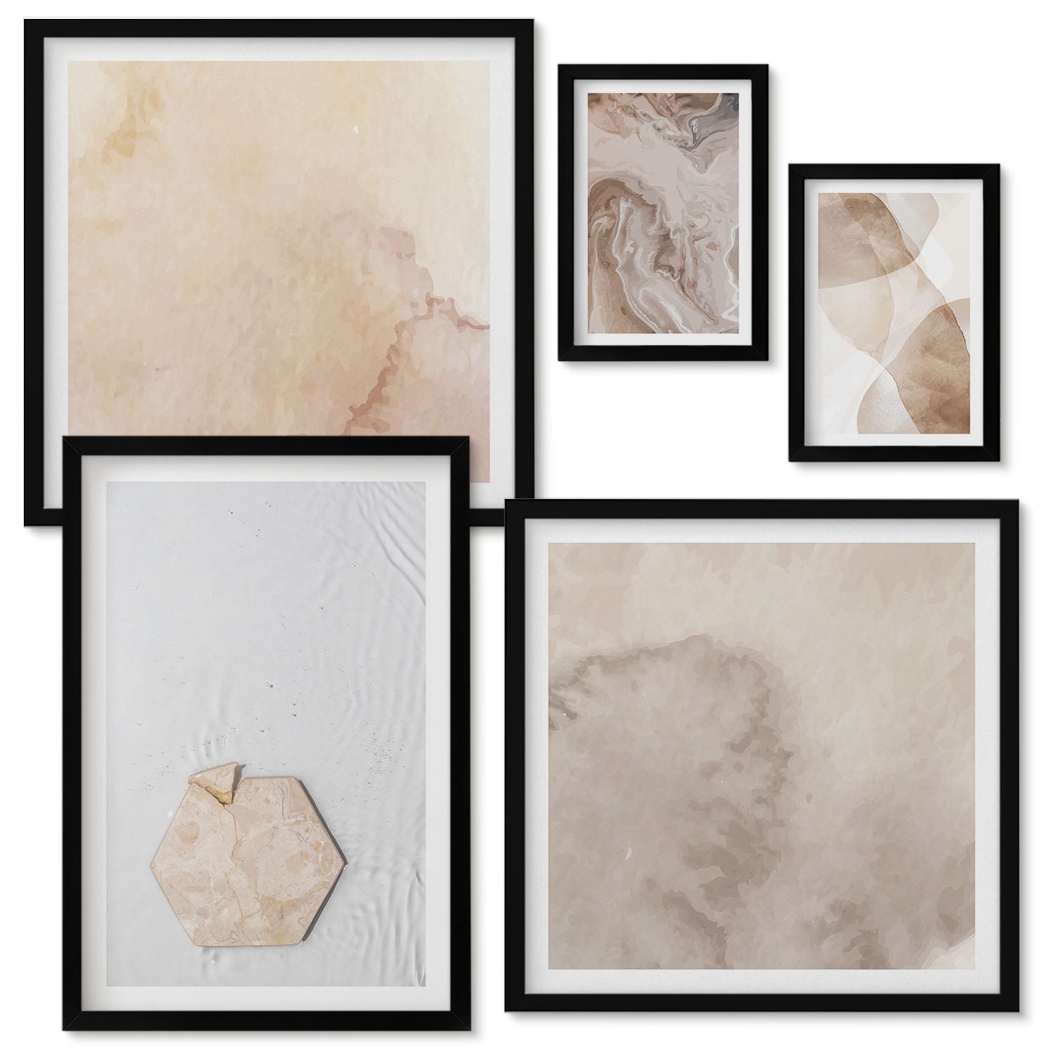 Zestaw obrazów w ramie - 5 części | Designerska abstrakcja inspirowana naturą | Czarna ramka
