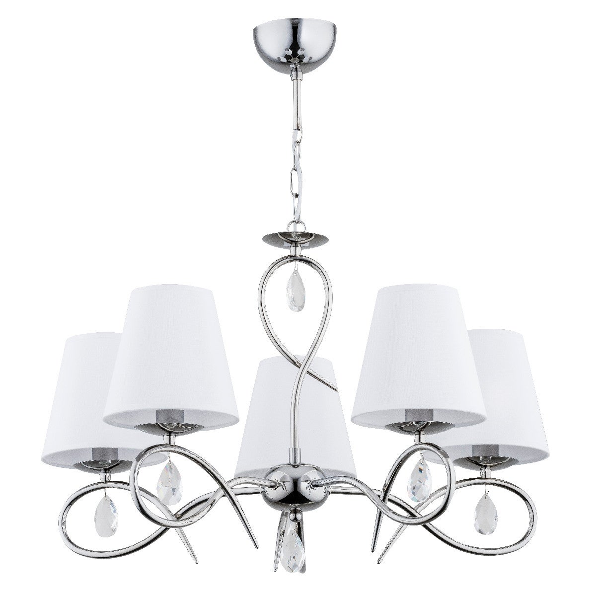 Lampa wisząca Syna chromowana biała-przezroczysta 5xE14x10W kryształki wym: 63 x 58 x 58 cm metal Alfa