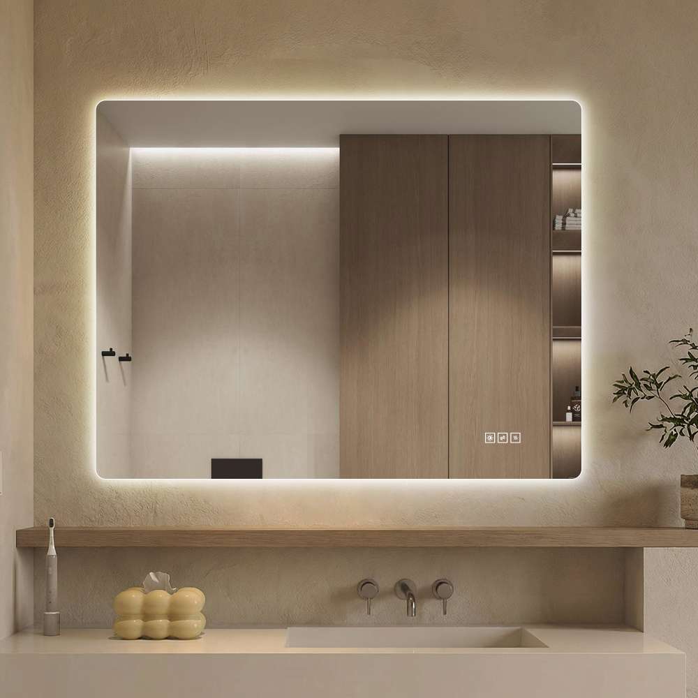 Lustro bezramowe LED 70x90cm, podświetlane, ściemniacz dotykowy, 3 światła, powłoka przeciwmgielna – bez miedzi, montaż poziomy/pionowy