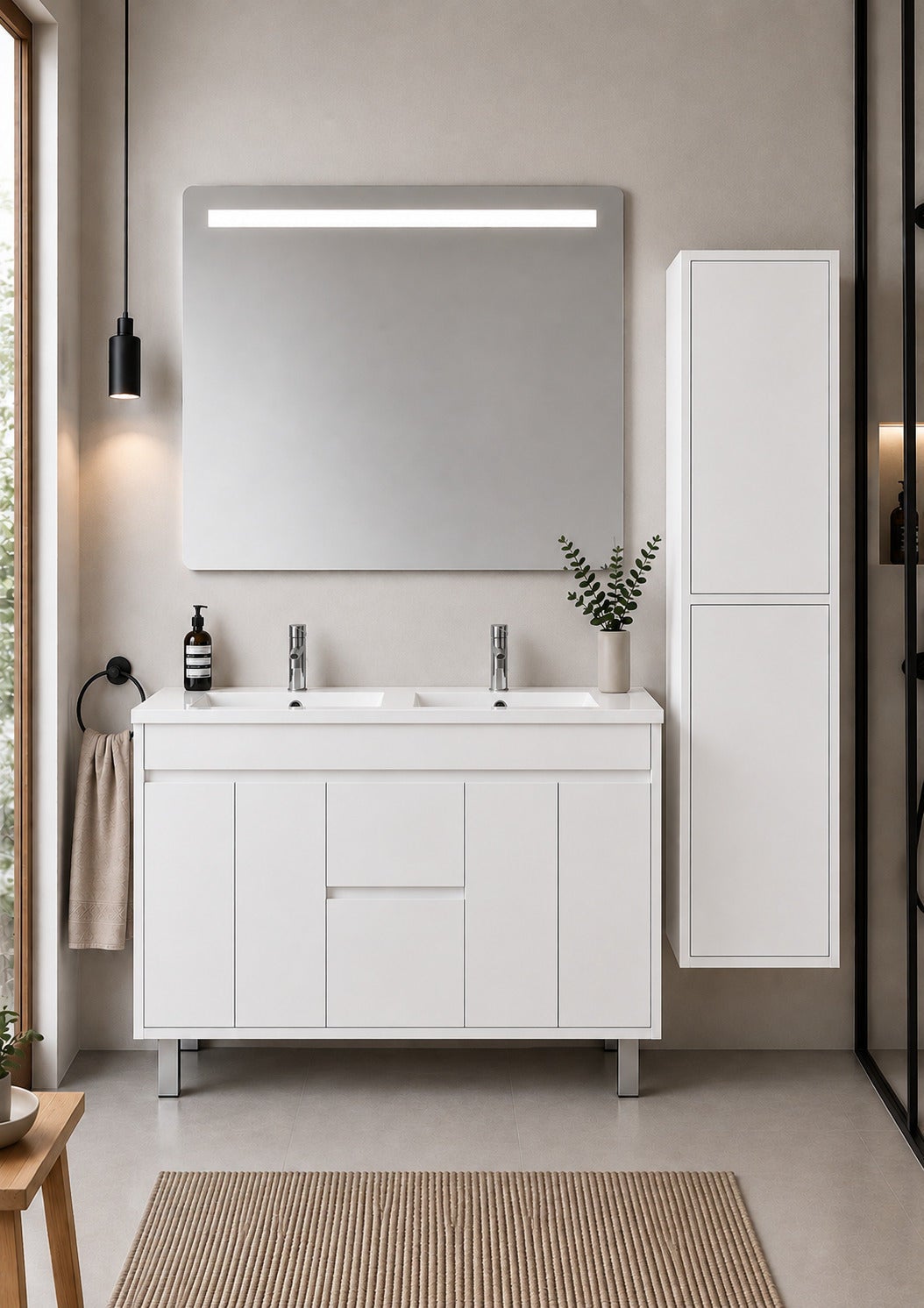 Szafka łazienkowa z umywalką ORIGENBATH ISQUIA bez lustra 120x45 cm podwójna umywalka biały z kolumną