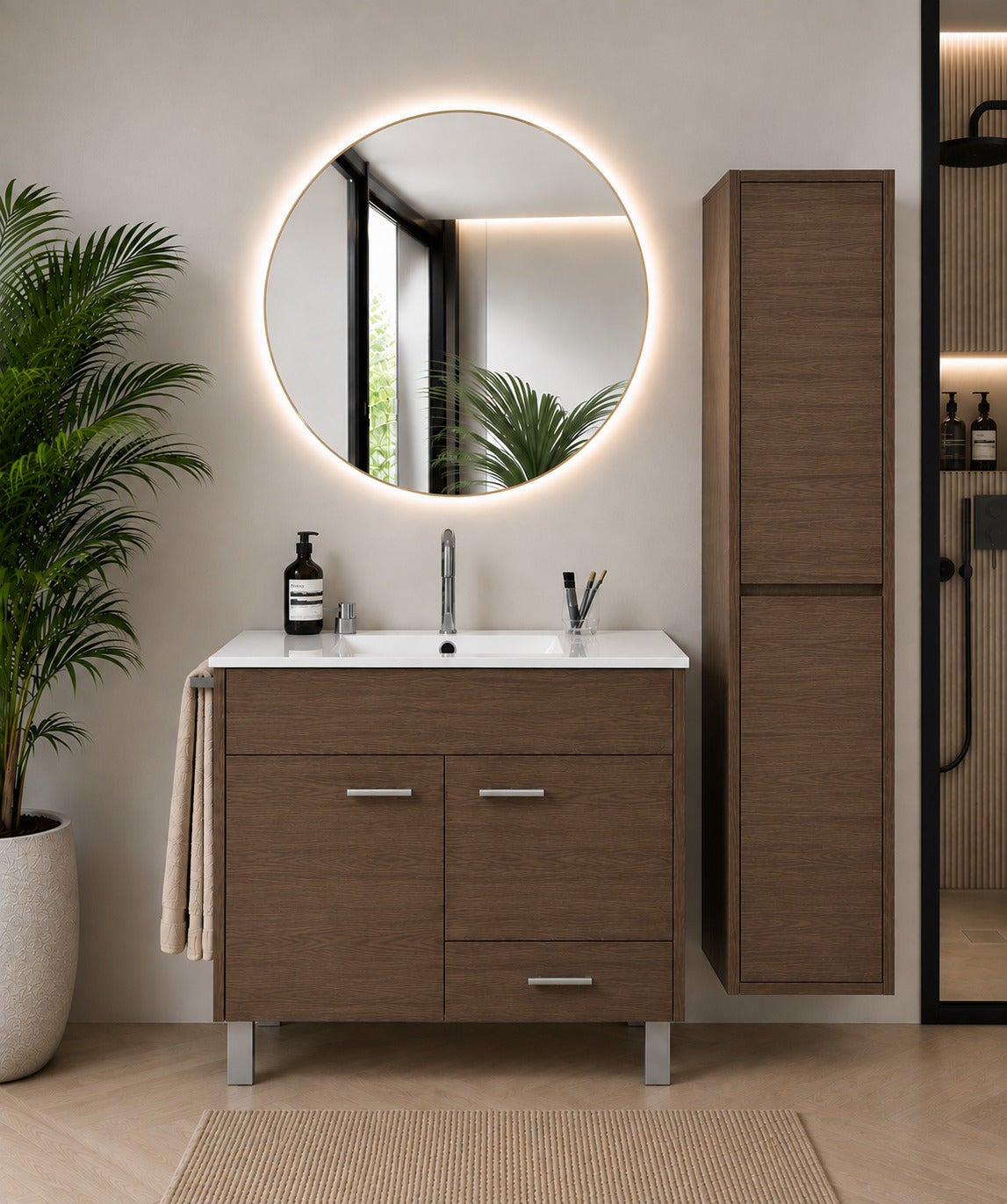 Szafka łazienkowa z umywalką ORIGENBATH SAMOS bez lustra 120x45 cm 1 umywalka jesion tea z kolumną