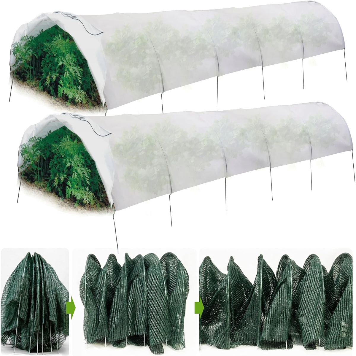 2 sztuki 2 w 1 Ochrona Szklarni przed Upałem Słonecznym, Siatka Cieniująca do Tunelu Ogrodowego, Tunelu do Sadzenia, 300 x 45 cm