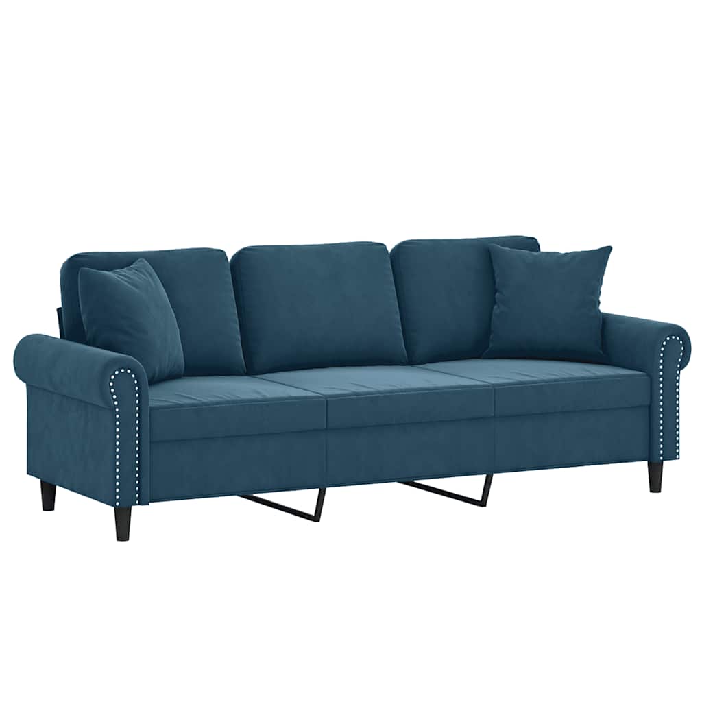 3-osobowa sofa z poduszkami, niebieska, 180 cm, aksamit