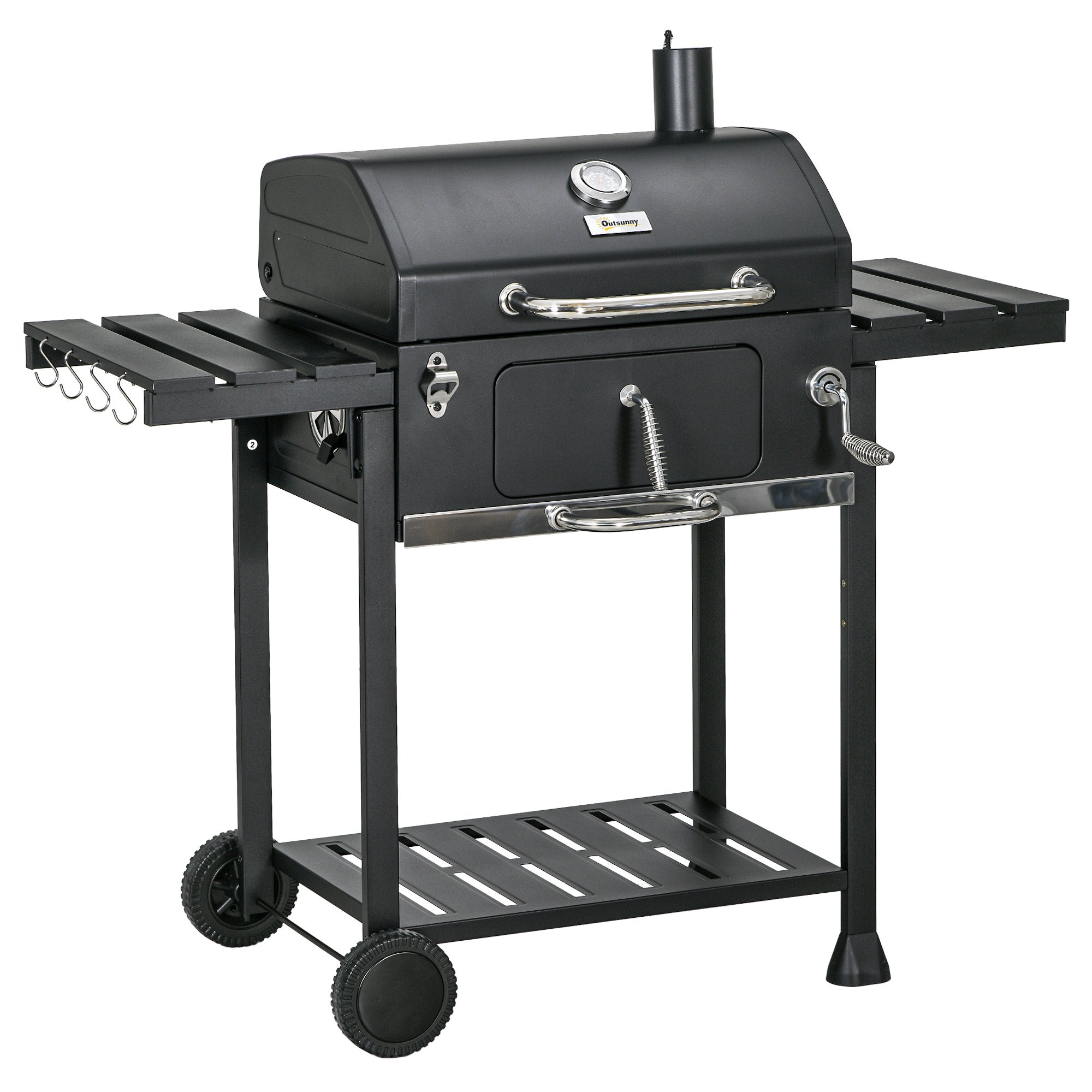 Grill węglowy z termometrem i otwieraczem do butelek, 120 x 64 x 114 cm, czarny