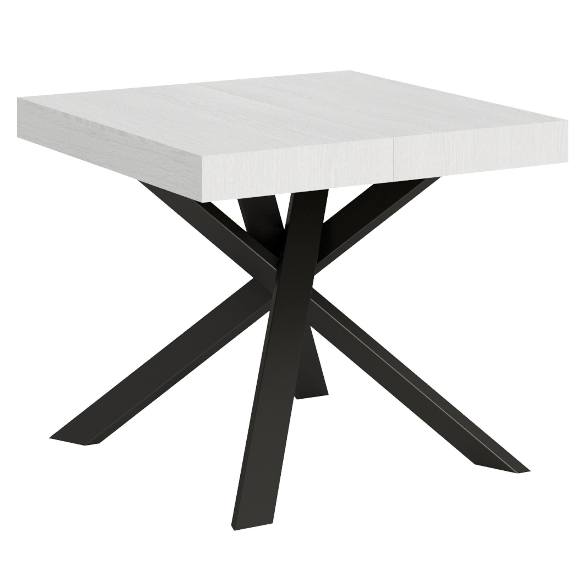 Mesa de oficina de 90x90 cm, extensible hasta 194 cm, estilo industrial, patas metálicas, color blanco fresno antracita.