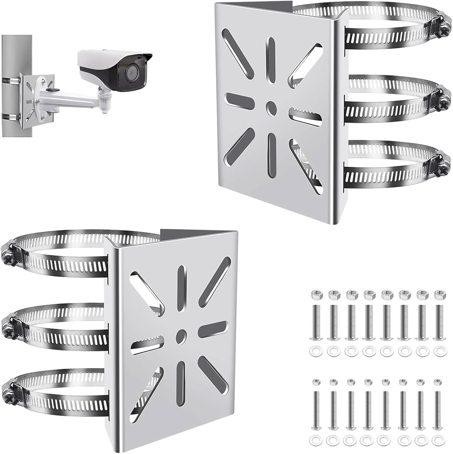 2 Zestaw ze stali nierdzewnej z regulowanymi 6 klamrami 20 cm do kamer CCTV Uchwyt kamery zewnętrznej Uchwyt słupa pionowego Uniwersalny uchwyt kamery