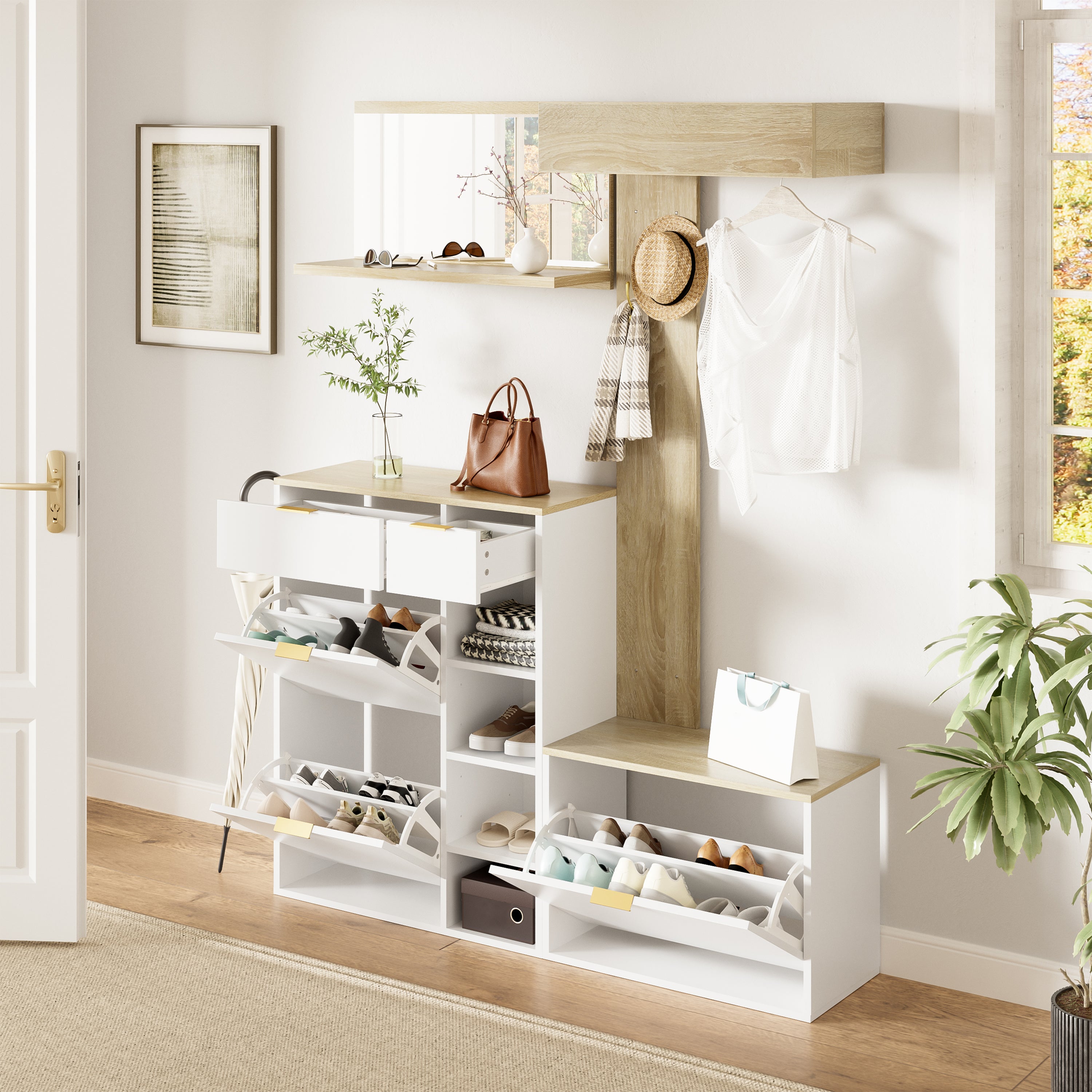 Zestaw szafek na buty z ławką, wieszakiem na ubrania i lustrem - 3 drzwi i 2 szuflady - 130x30x174 cm - Płyta wiórowa - Kolor biały i naturalny