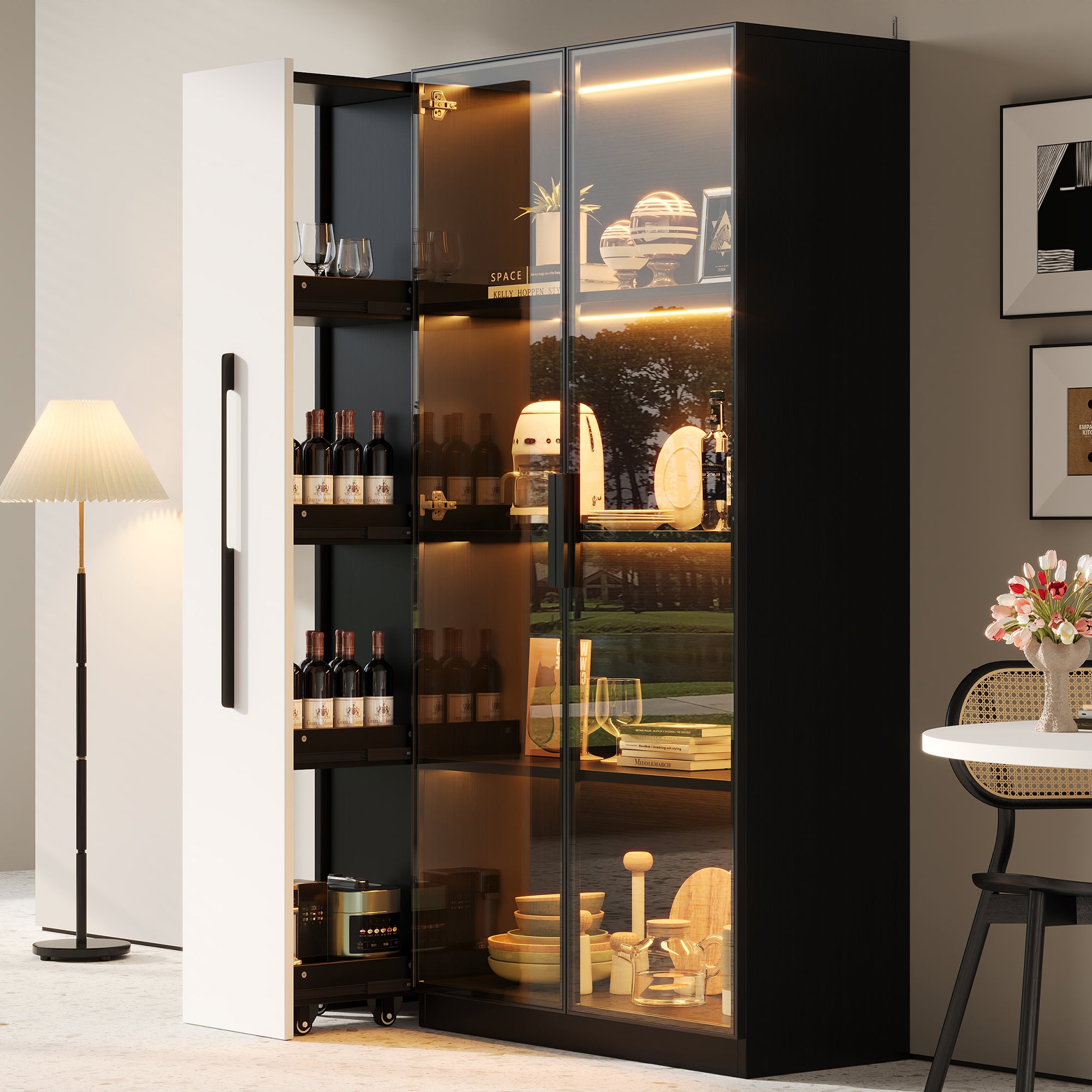 Witryna z 2 drzwiami szklanymi i 1 wysuwaną szufladą - 110,5 x 35 x 160 cm - MDF - diody LED - czarna