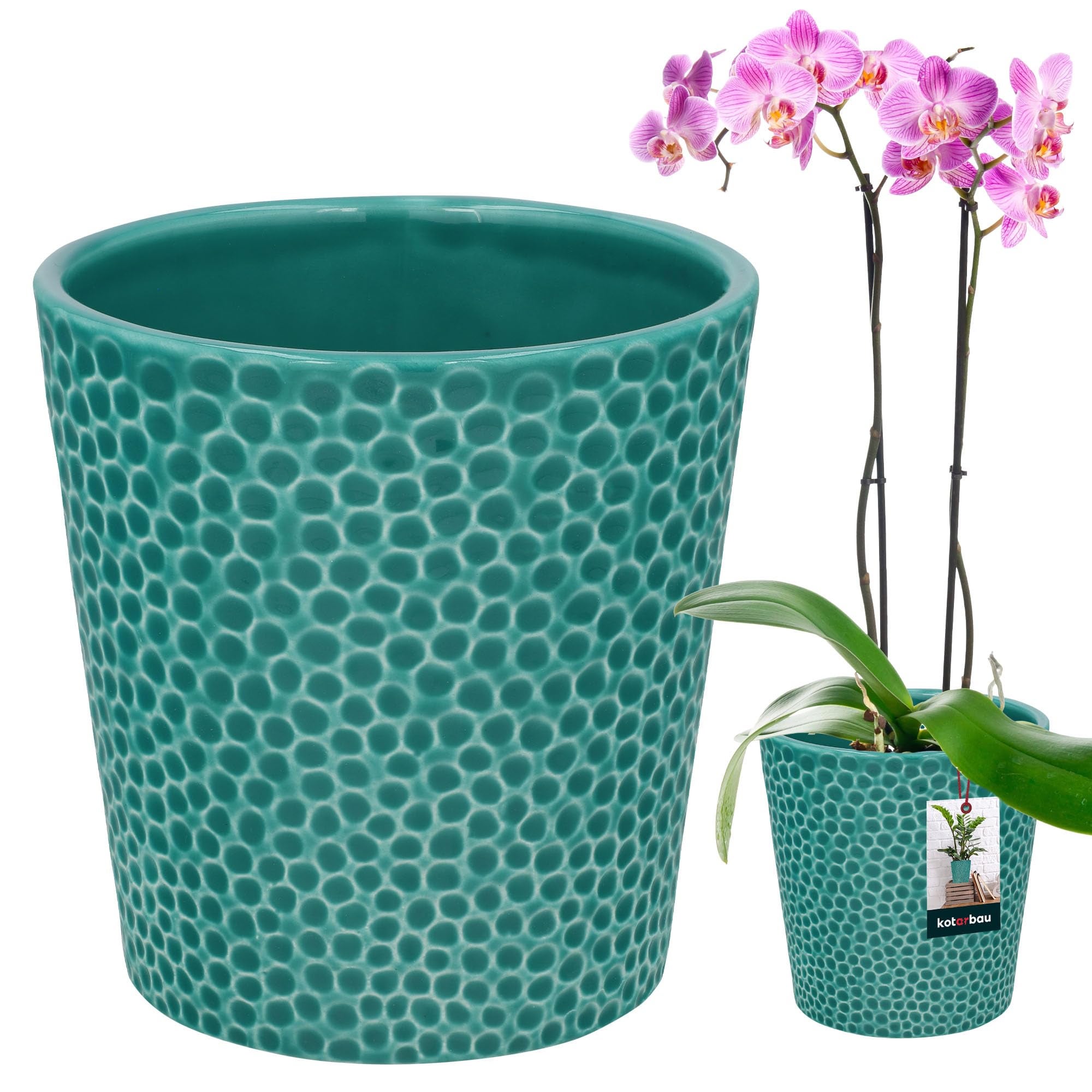 Doniczka donica osłonka fi 9,5cm turkus ceramiczna kwiaty rośliny storczyki - KOTARBAU