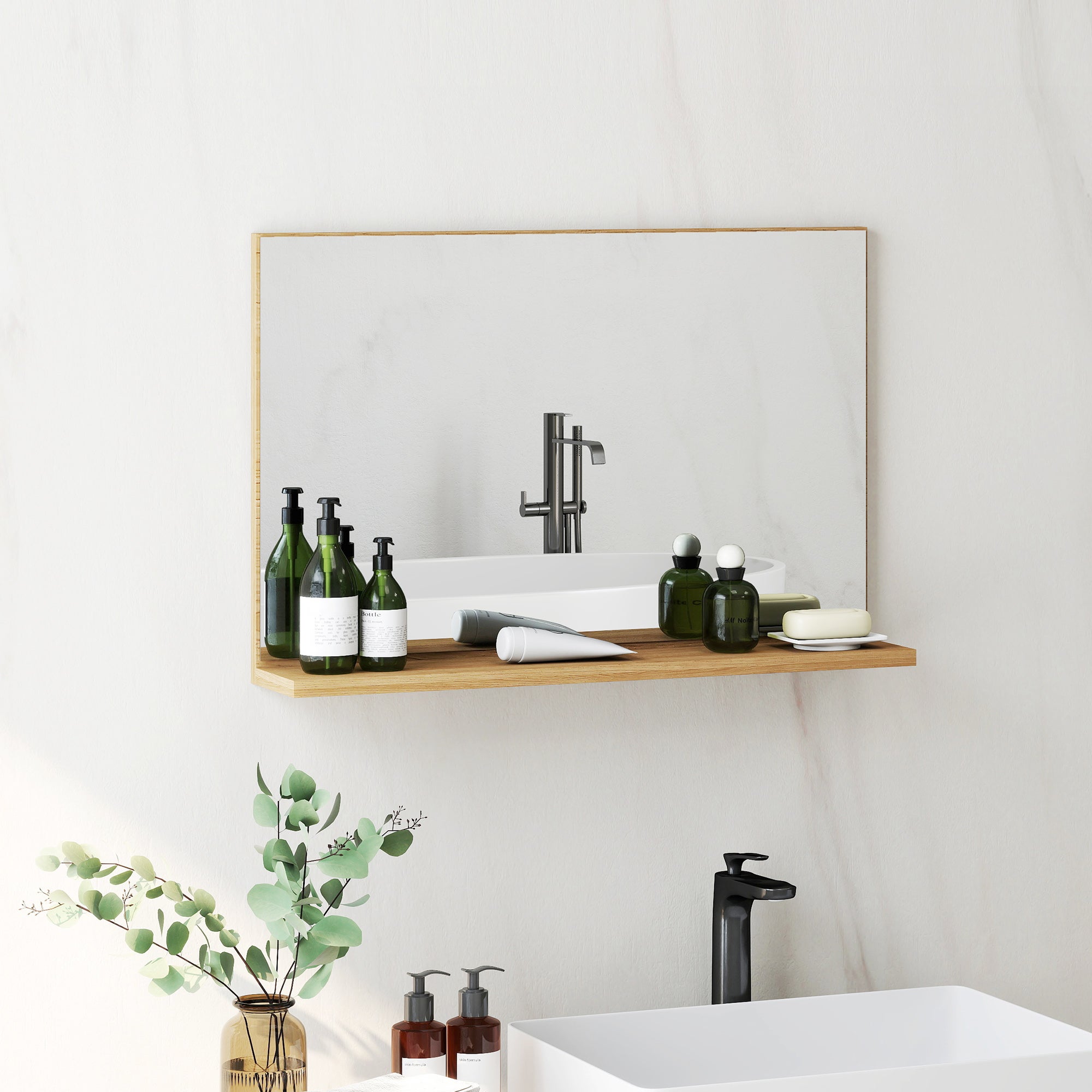 Lustro Łazienkowe Ścienne z Półką Drewno Nowoczesne 60x12x40 cm do Przechowywania