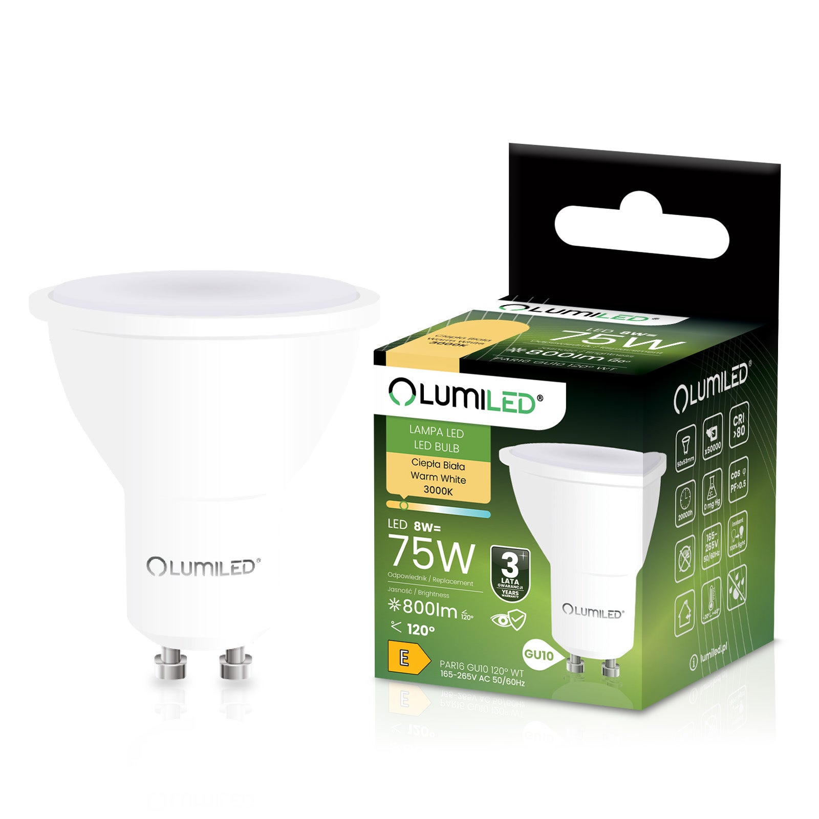Żarówka LED GU10 Reflektor PAR16 8W 800lm 3000K Ciepła biel 120st LUMILED