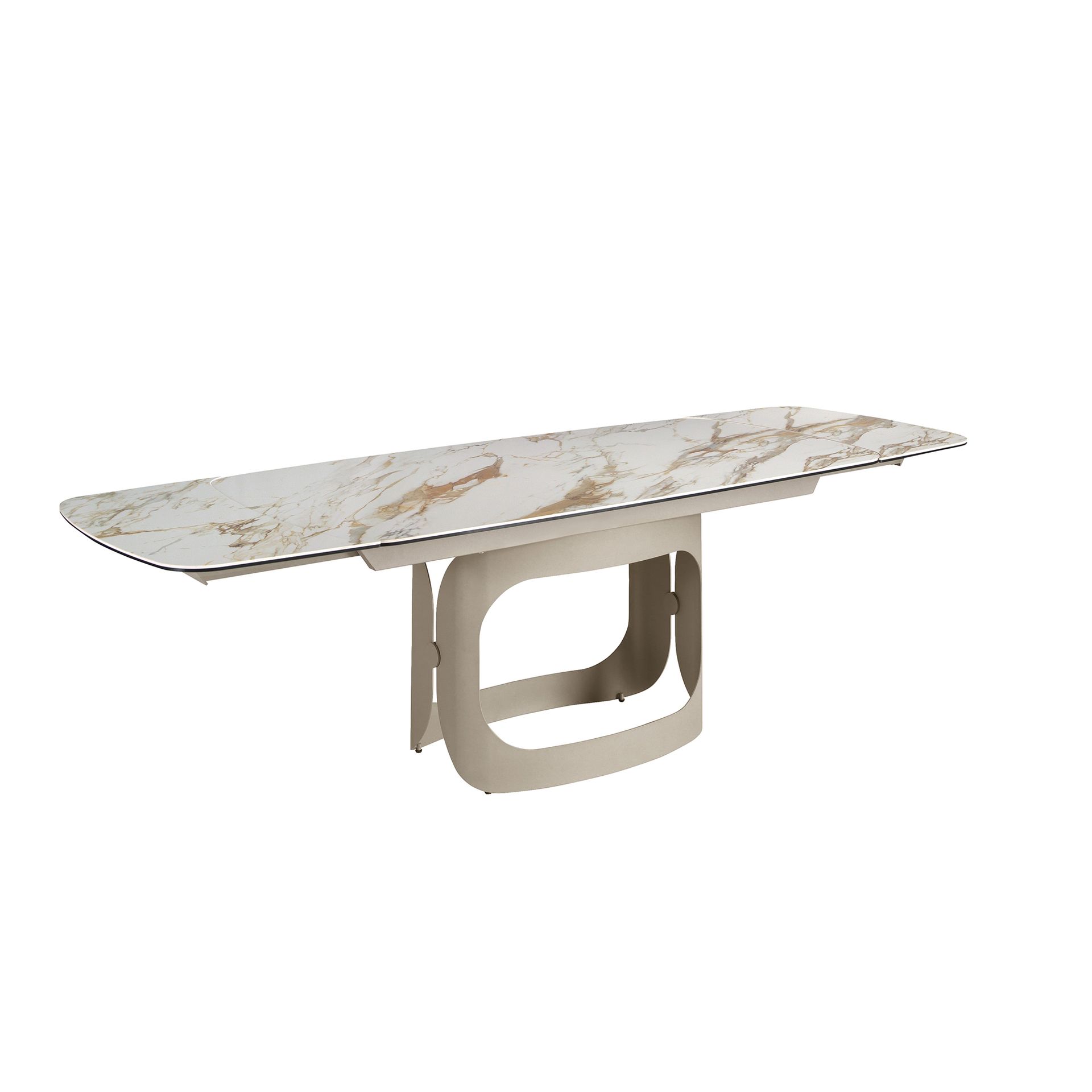 Owalny stół rozkładany z blatem z porcelanowego marmuru i stali w kolorze piaskowym metalicznym Ø180/260 x 90 x 76 cm