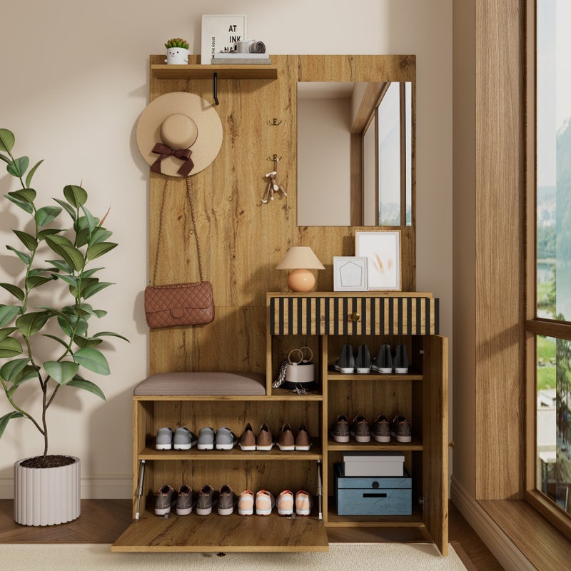 Zestaw mebli do przedpokoju 110 x 37 x 185,5 cm – Z lustrem i wieszakami – Półka na buty i ławka na buty – Naturalny