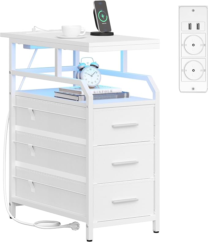 Table d'appoint Avec Multipris, Table de Chevet Avec Lumière LED, Tables de Nuit Avec 3 Tiroirs, 2 Prises CA et 2 porty USB, Pour Salon, Chambre,Blanc