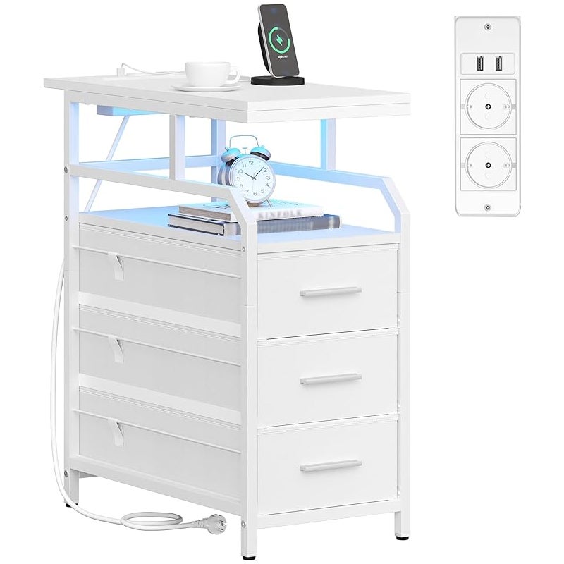 Table d'appoint Avec Multipris, Table de Chevet Avec Lumière LED, Tables de Nuit Avec 3 Tiroirs, 2 Prises CA et 2 porty USB, Pour Salon, Chambre,Blanc