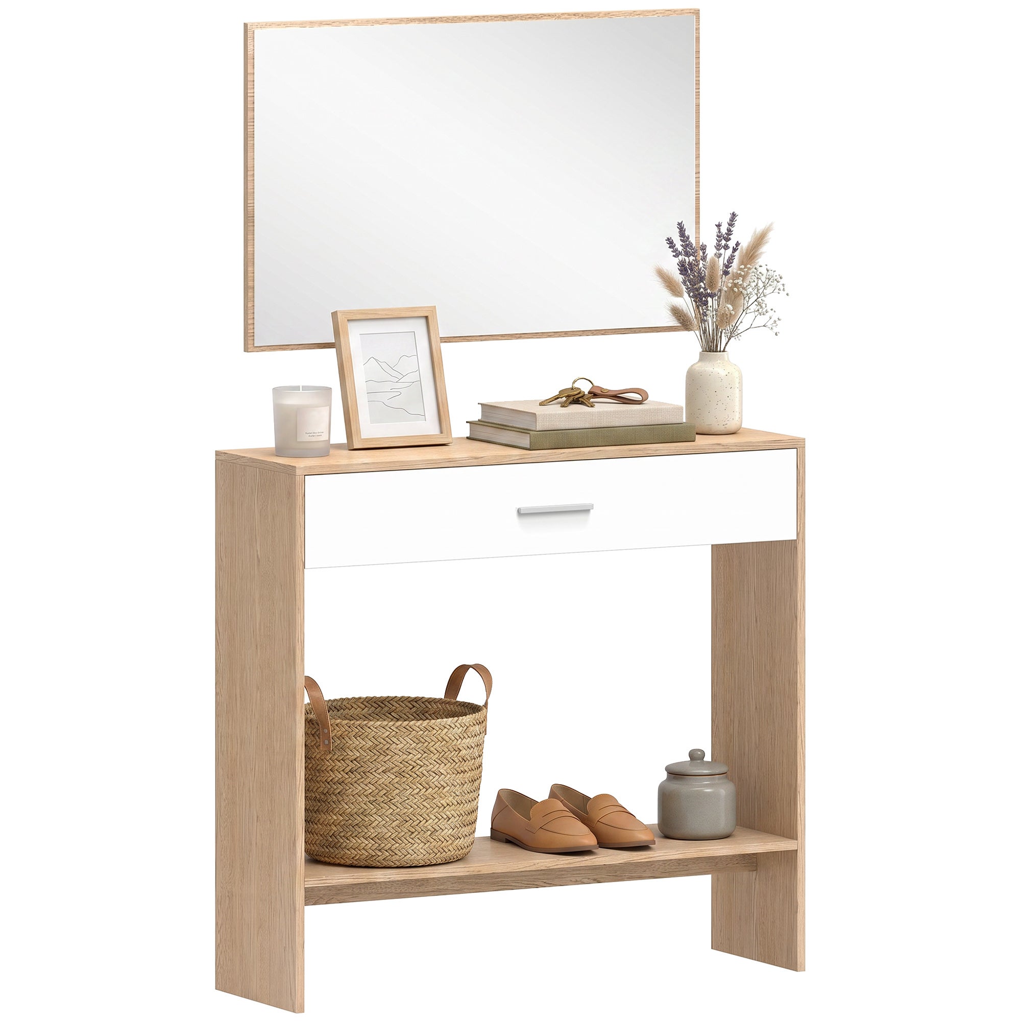 Konsola z lustrem, wąska konsola z szufladą i półką, styl nowoczesny, 91,5 x 27,9 x 85,5 cm, dąb